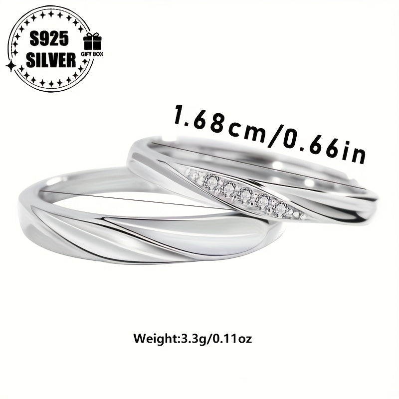 Adjustable 925 Sterling Silver Couple Ring - Hypoallergenic, Classic Luxury Elegant Jewelry Gift for Men and Women, Fashion Accessory, Suitable for Daily Wear, Light Wave, Holiday Gift