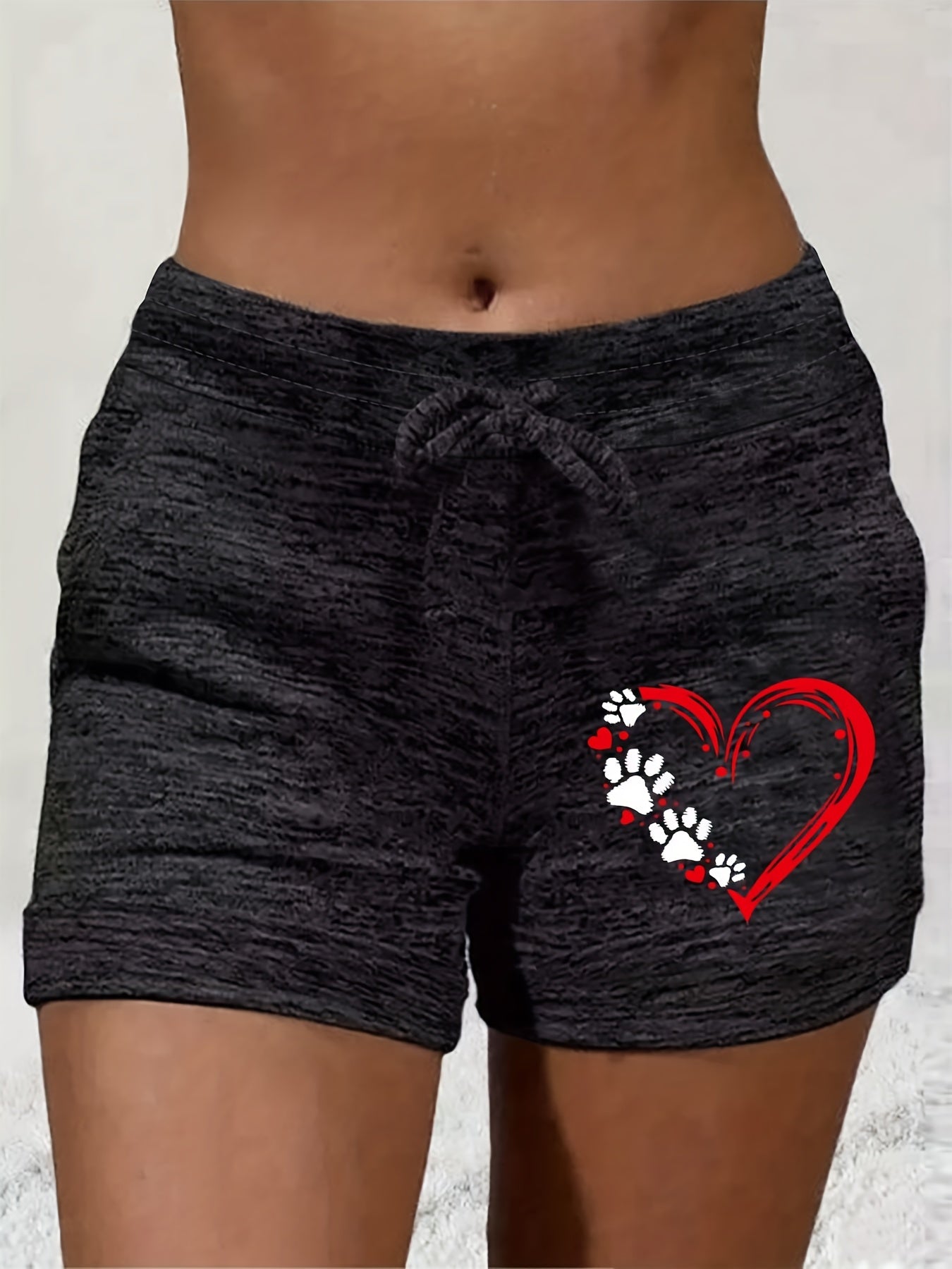 Heart Print Drawstring Shorts, Sports Casual Summer Shorts, Women's Clothing