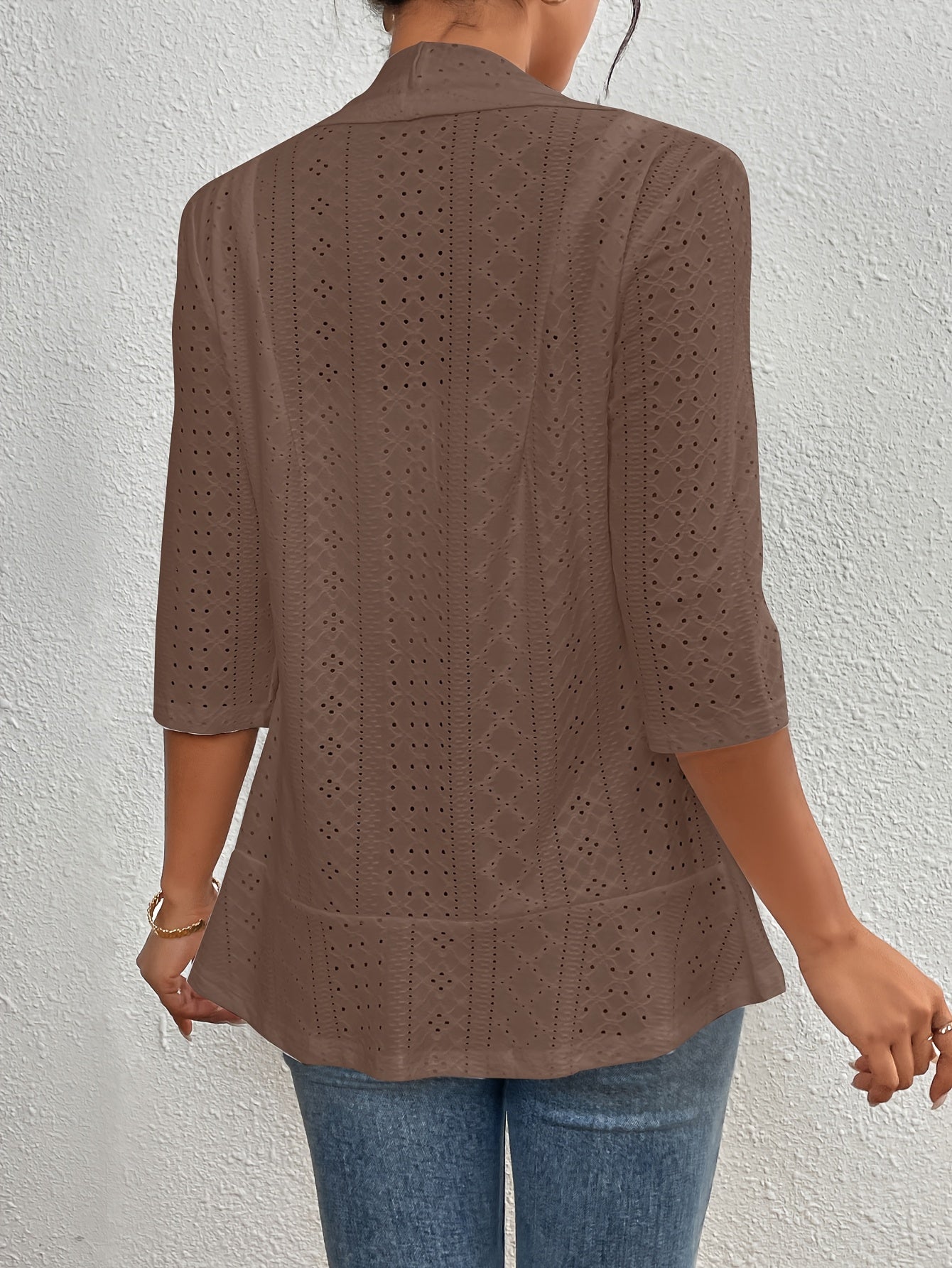 Women's Elegant Open-Front Cardigan - Solid White, Half Sleeve, Eyelet Embroidery, Lightweight Knit, Spring\u002FFall Fashion Jacket, Lightweight Cardigan