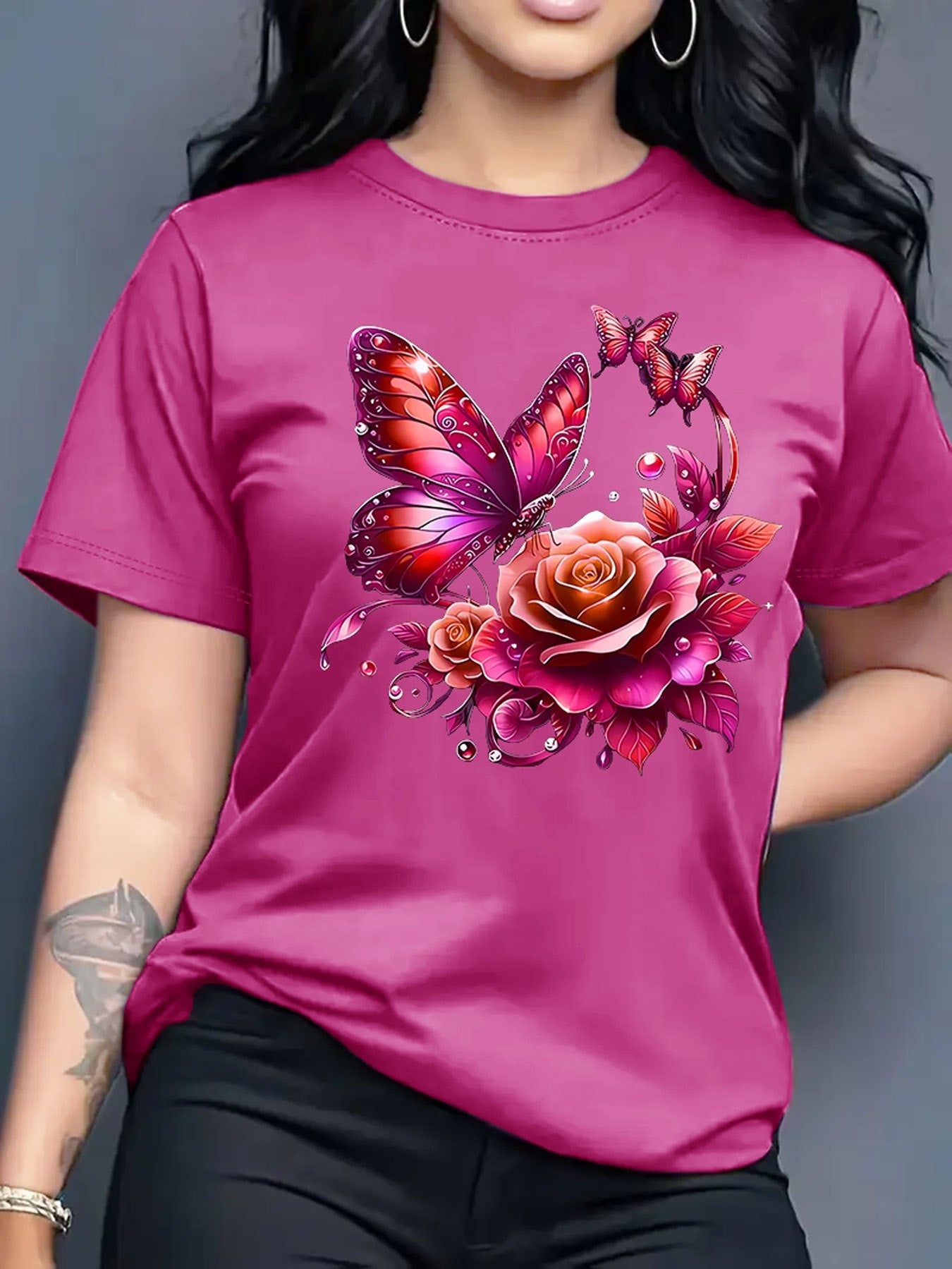 Women'S Casual Crew Neck T-Shirt with Purple Rose and Butterfly Graphic Print, Short Sleeve Regular Length Top for Spring and Summer, Ideal Birthday or Holiday Gift, Ladies T Shirts