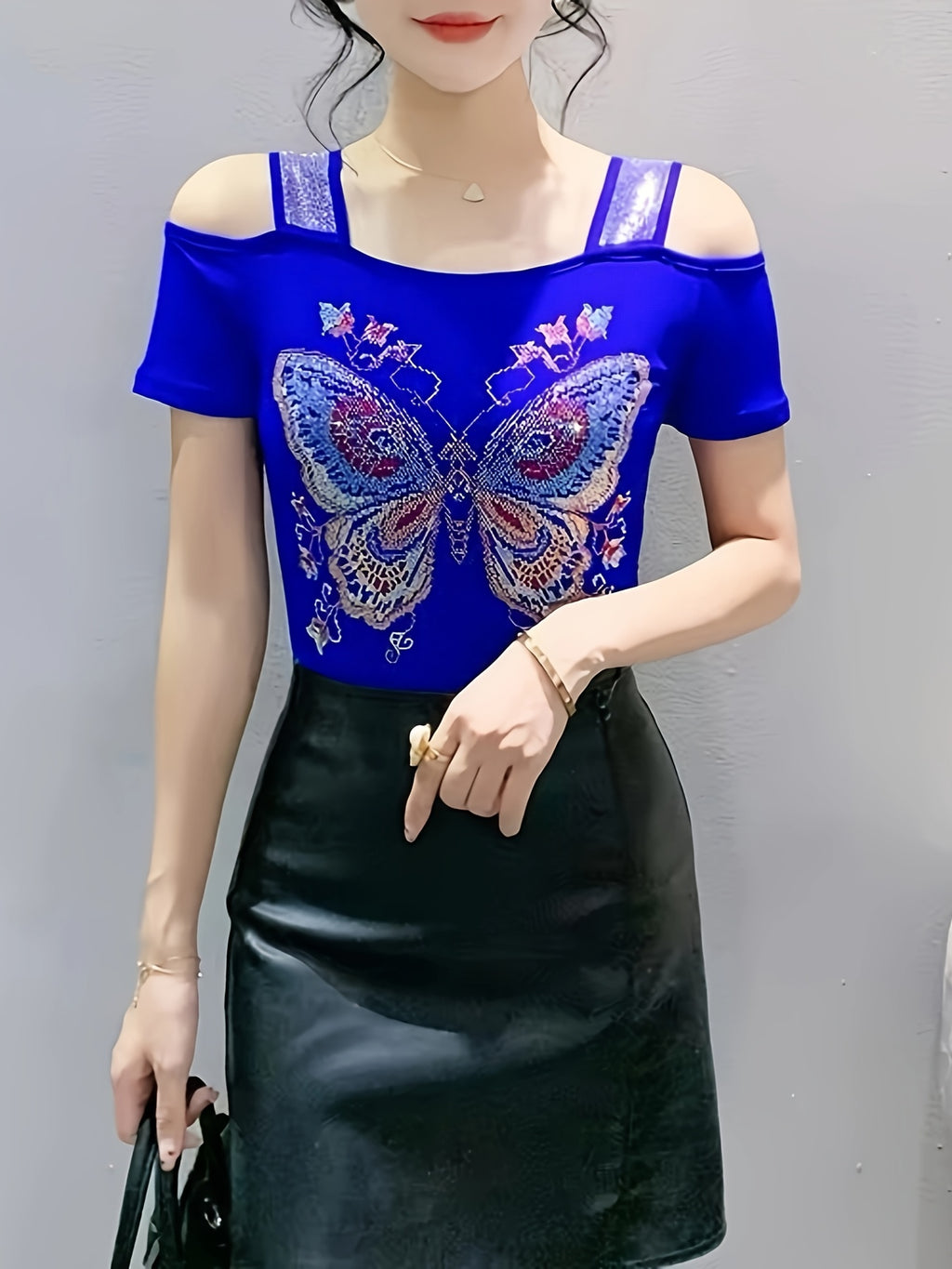 Elegant Off-Shoulder Butterfly Rhinestone Top - High Stretch Mesh, Short Sleeve, Double Layer Design, Vibrant Floral & Butterfly Pattern, Women's Fashion for Summer
