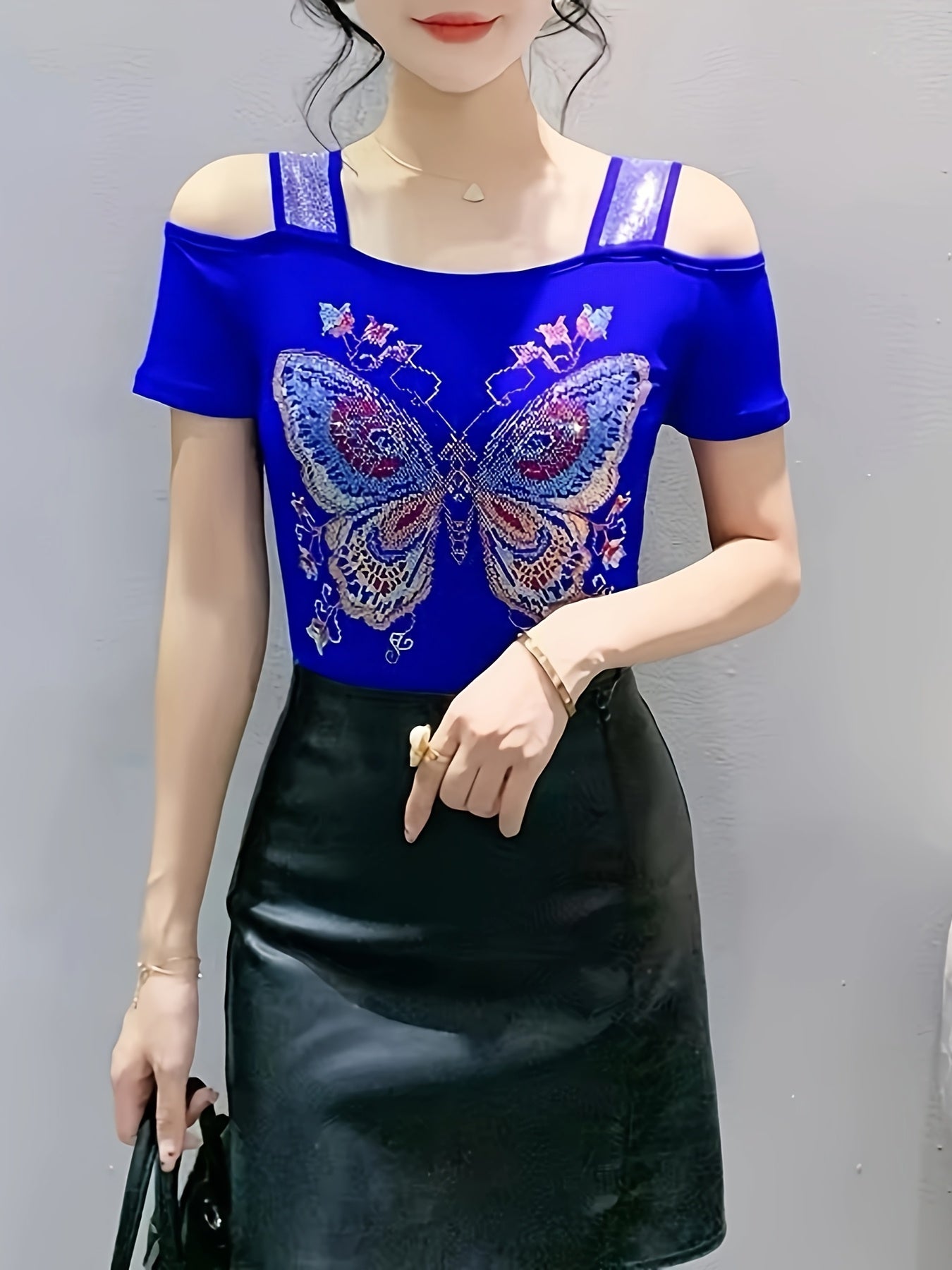 Elegant Off-Shoulder Butterfly Rhinestone Top - High Stretch Mesh, Short Sleeve, Double Layer Design, Vibrant Floral & Butterfly Pattern, Women's Fashion for Summer