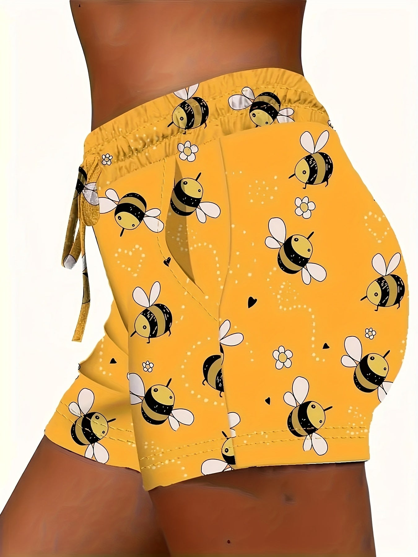 Women's Summer Bee Print Drawstring Shorts - Yellow with Black & White Bee Design, Elastic Waistband, Casual Sporty Style, Polyester\u002FSpandex Blend, Machine Washable