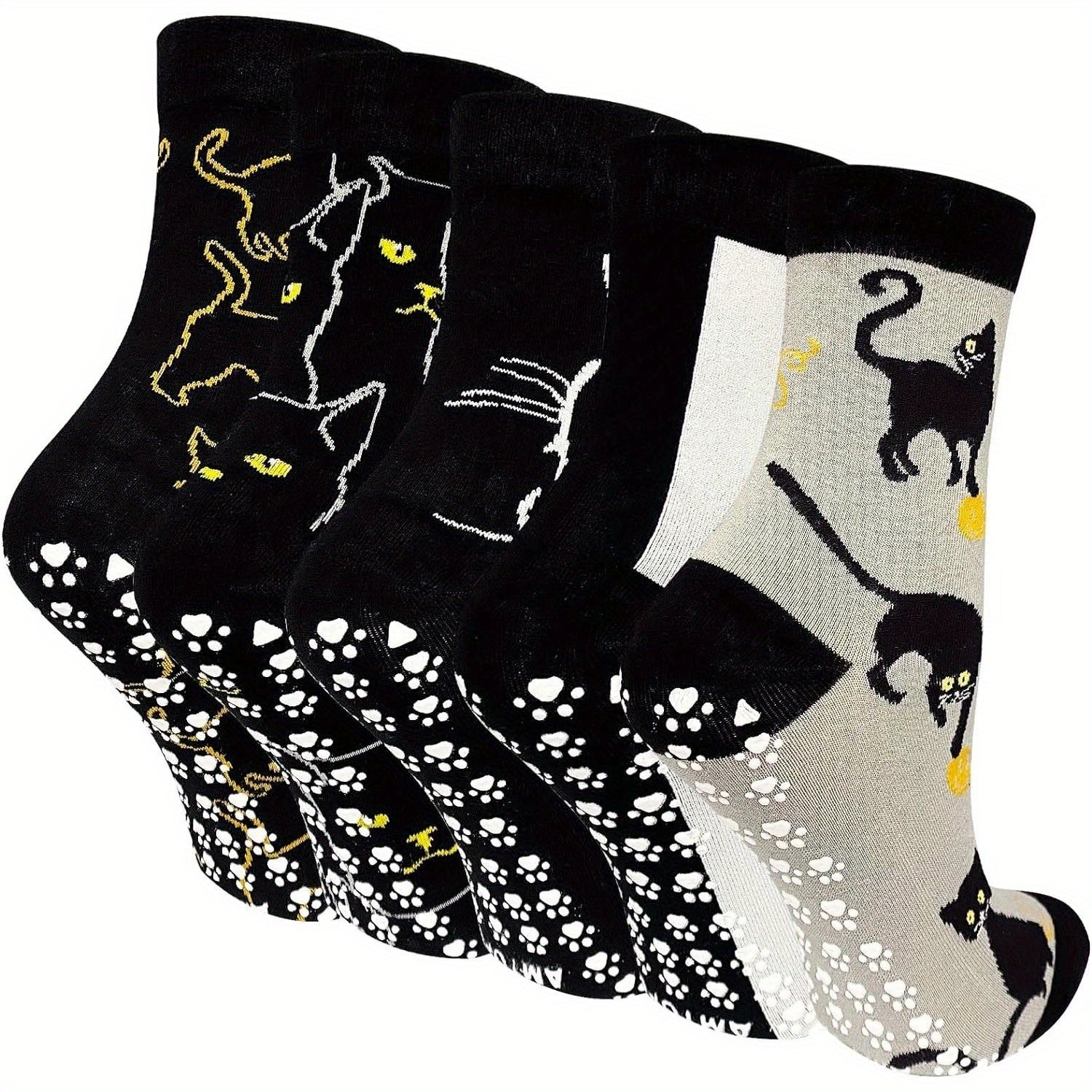 5 Pairs Women's Non-Slip Grip Socks with Playful Cat & Skull Cartoon Design, Anti-Skid Sole, All-Season Comfort, Hand Wash\u002FDry Clean - Funny Novelty Socks for Casual Wear, Cute Socks, Comfortable Footwear, Whimsical Sock Patterns
