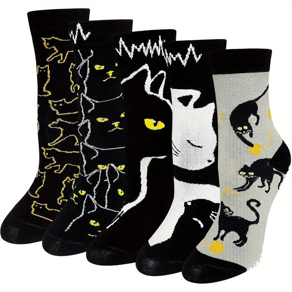 5 Pairs Women's Non-Slip Grip Socks with Playful Cat & Skull Cartoon Design, Anti-Skid Sole, All-Season Comfort, Hand Wash\u002FDry Clean - Funny Novelty Socks for Casual Wear, Cute Socks, Comfortable Footwear, Whimsical Sock Patterns