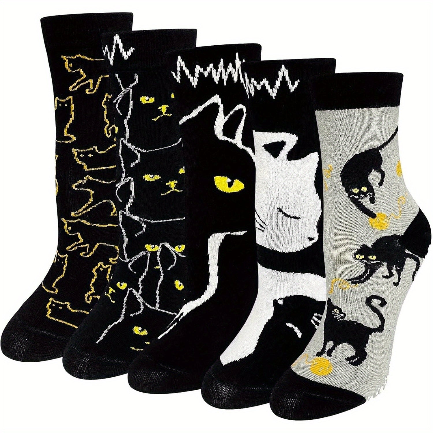 5 Pairs Women's Non-Slip Grip Socks with Playful Cat & Skull Cartoon Design, Anti-Skid Sole, All-Season Comfort, Hand Wash\u002FDry Clean - Funny Novelty Socks for Casual Wear, Cute Socks, Comfortable Footwear, Whimsical Sock Patterns