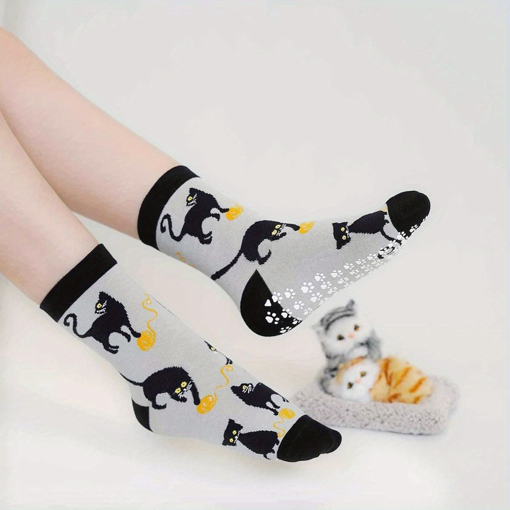 5 Pairs Women's Non-Slip Grip Socks with Playful Cat & Skull Cartoon Design, Anti-Skid Sole, All-Season Comfort, Hand Wash\u002FDry Clean - Funny Novelty Socks for Casual Wear, Cute Socks, Comfortable Footwear, Whimsical Sock Patterns