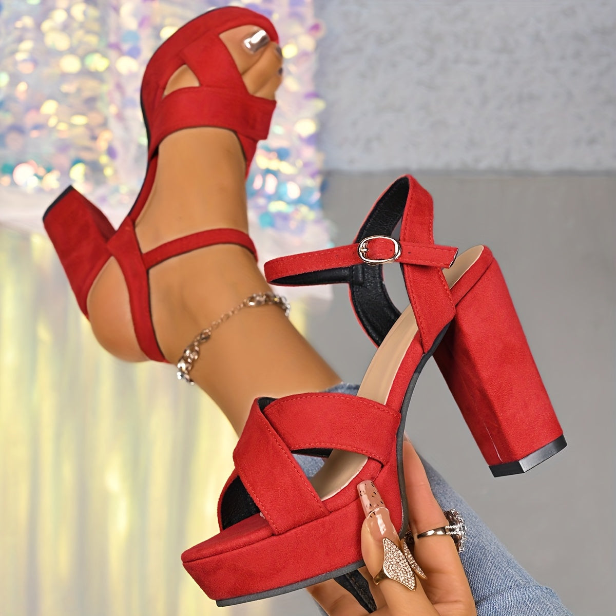 Women'S Stylish Red High-Heel Sandals with Buckle Closure - Elegant Block Heel, Open Toe Design, Perfect for Summer and All Seasons, Fashionable Footwear|Elegant Heel Sandals|Durable Footwear