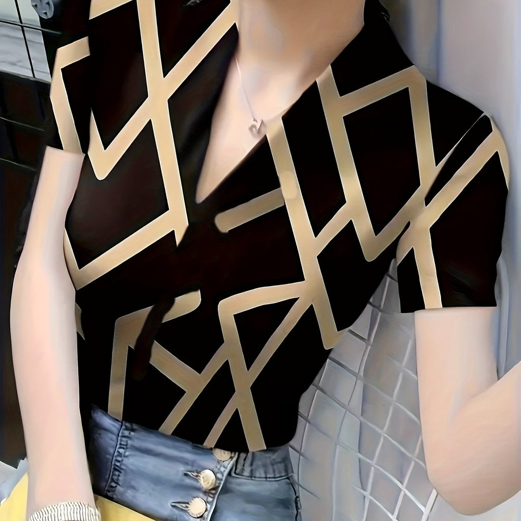Women's V-Neck Short Sleeve T-Shirt - Slim Fit High Elasticity Ice Silky Polyester-Spandex Blend, Geometric Print Black & Golden Summer Top for Casual & Formal Wear, Ladies T Shirts