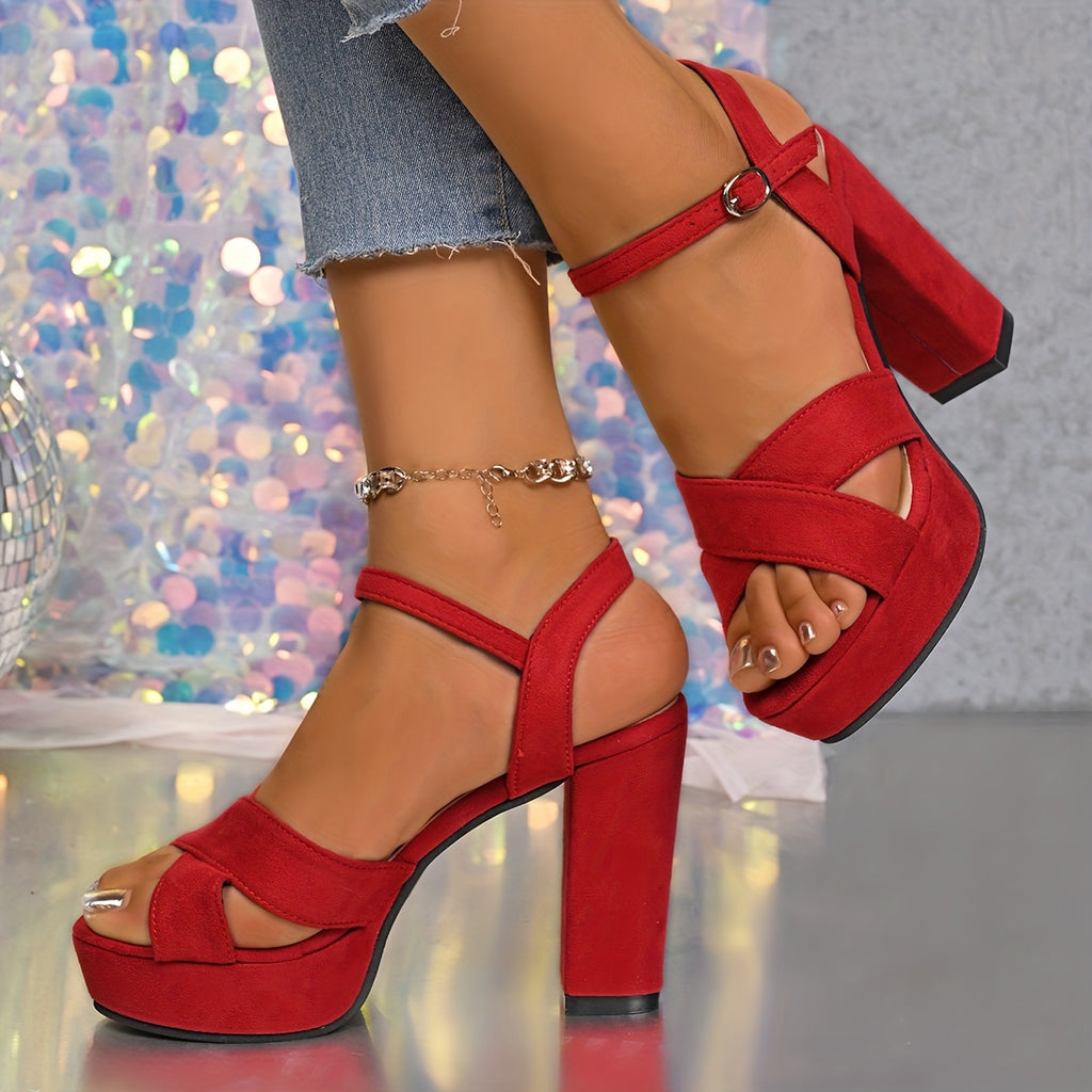 Women'S Stylish Red High-Heel Sandals with Buckle Closure - Elegant Block Heel, Open Toe Design, Perfect for Summer and All Seasons, Fashionable Footwear|Elegant Heel Sandals|Durable Footwear