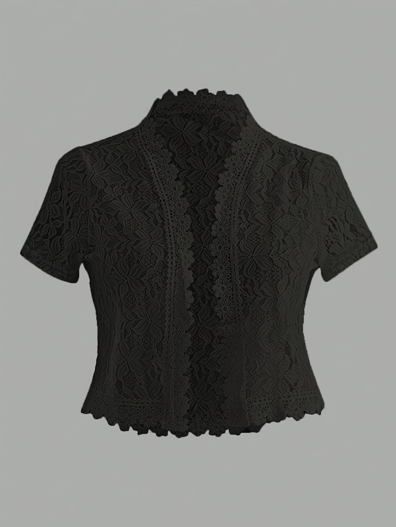 Elegant White Lace Contrast Cardigan - Short Sleeve, Stand Collar, Open Front Jacket for Women | Perfect for Spring\u002FSummer Parties & Casual Wear, Party Wear Cardigan | Lace Detailing | Constructio