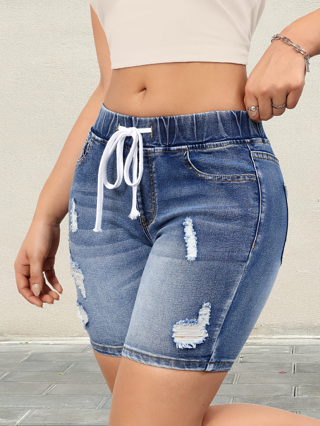 Women's Blue Elastic Waist Drawstring Ripped Denim Shorts, Fashionable Elegant Style Whiskering Denim Shorts