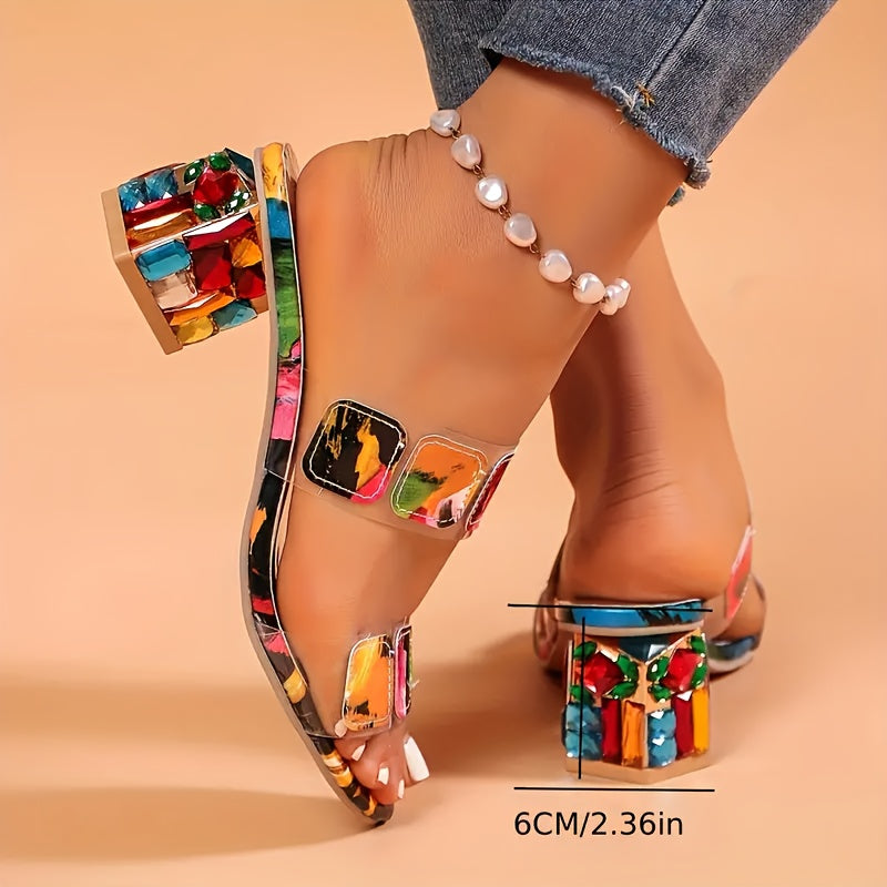 Colorful Floral Pattern Slip-On High Heel Sandals for Women - Open Toe, Thick Platform Sole, Synthetic Cover, Comfortable & Stylish Casual Summer Shoes, Chunky Heel Sandals