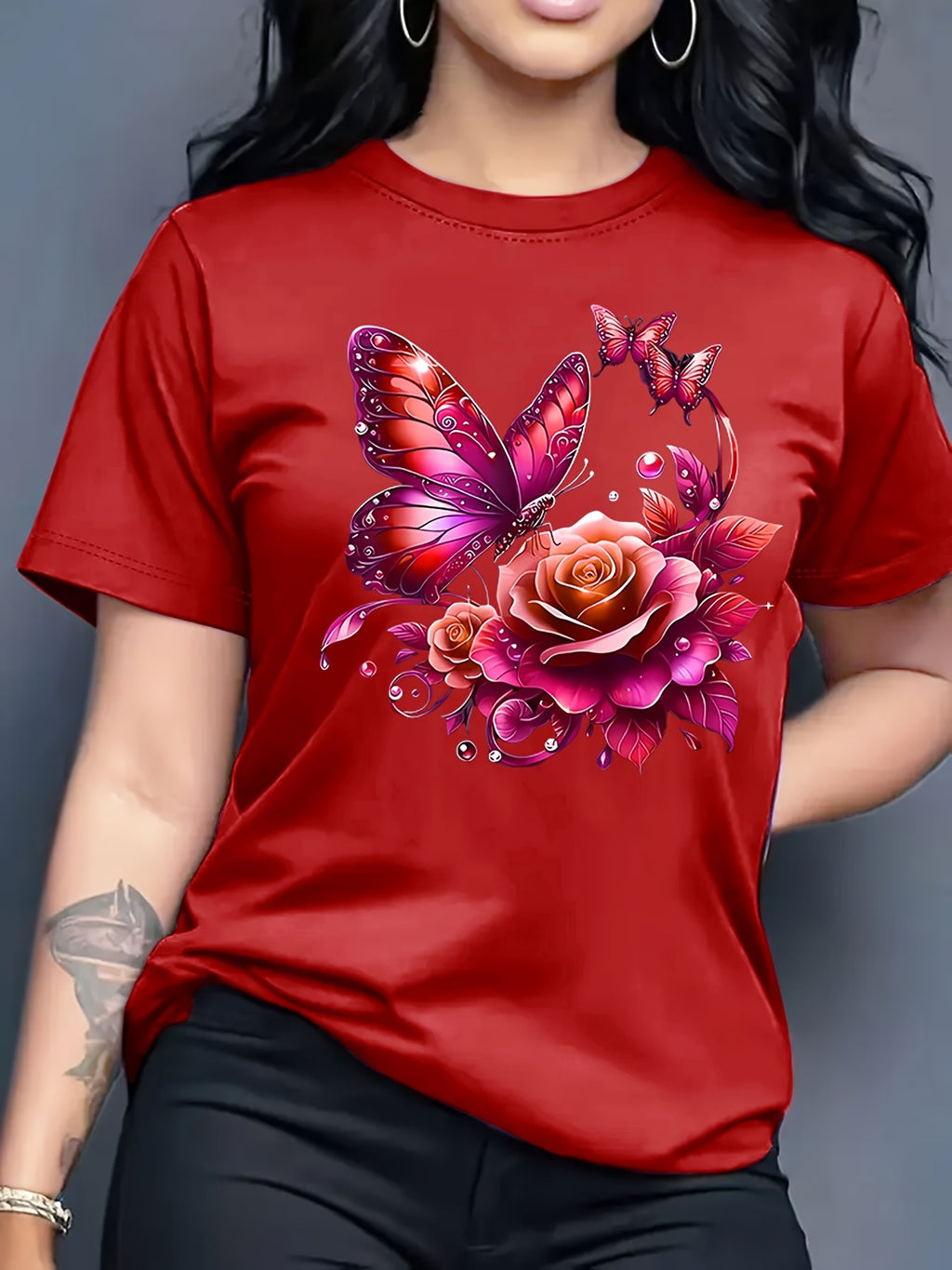Women'S Casual Crew Neck T-Shirt with Purple Rose and Butterfly Graphic Print, Short Sleeve Regular Length Top for Spring and Summer, Ideal Birthday or Holiday Gift, Ladies T Shirts