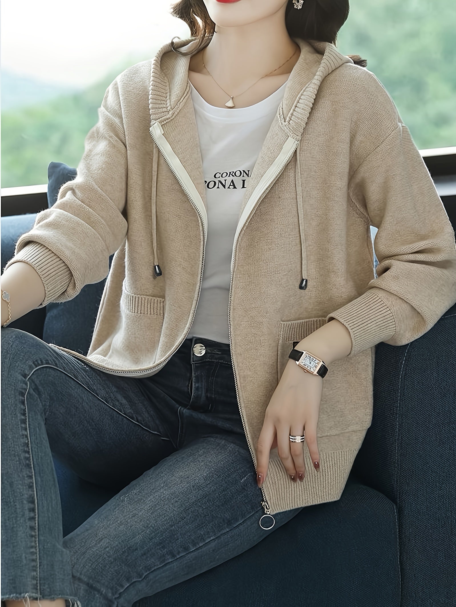 Women's Beige Hooded Cardigan Sweater - Slim Fit Zip-Up Front with Open Collar, Long Sleeve Ribbed & Side Pockets for Spring\u002FFall Transitional Weather, Casual to Professional Outfits, Sweater Cardigan, Casual Attire, Fitted Fashion, Textured Fabric