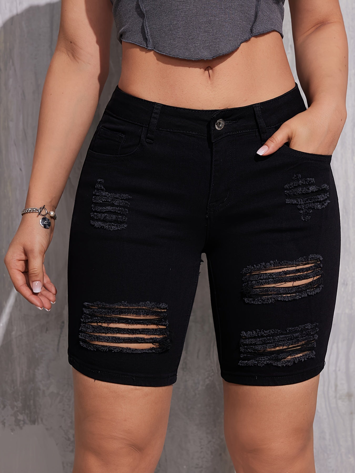 Ripped Holes Slimming Denim Shorts, Slash Pockets Stretchy Short Denim Pants, Women's Denim Jeans & Clothing