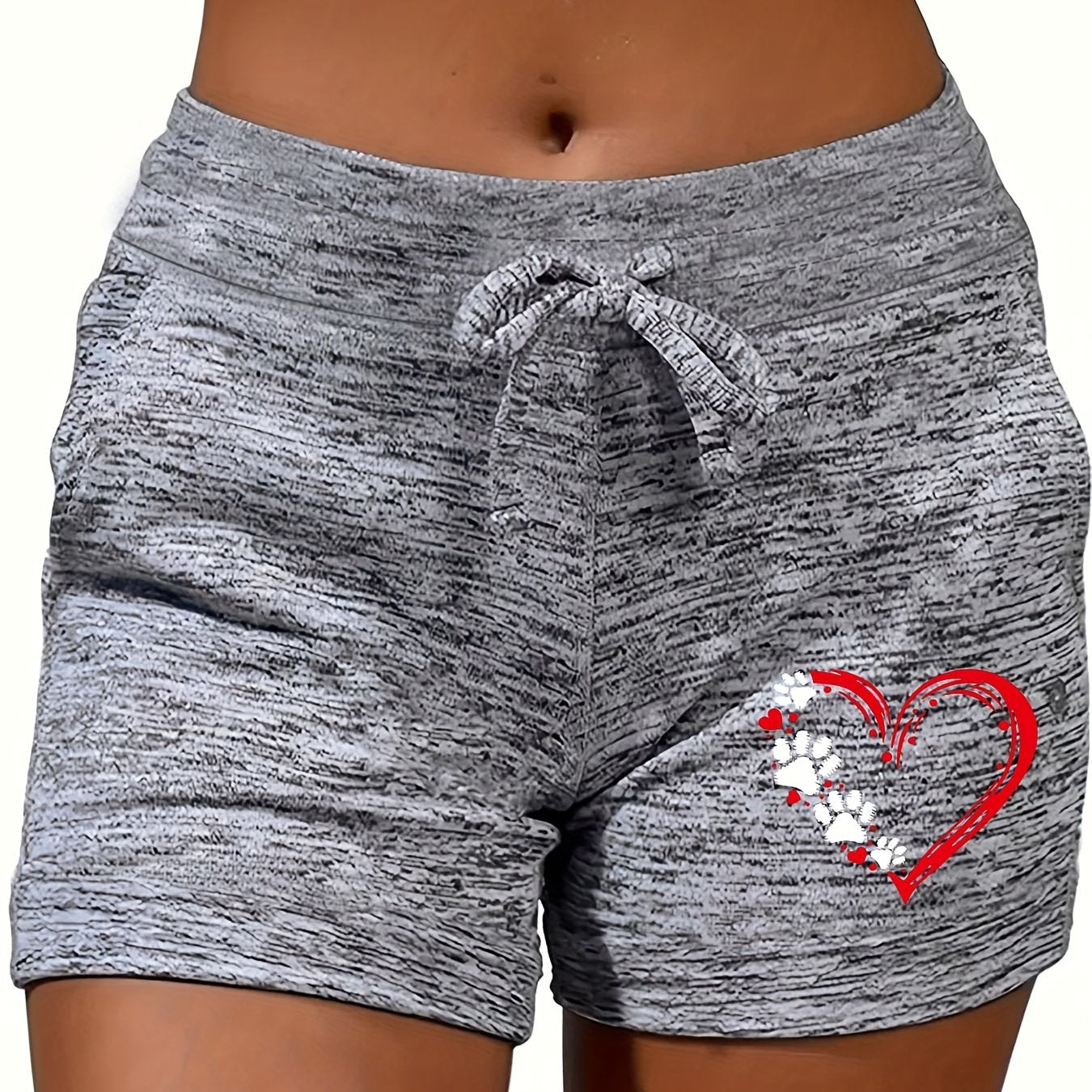 Heart Print Drawstring Shorts, Sports Casual Summer Shorts, Women's Clothing