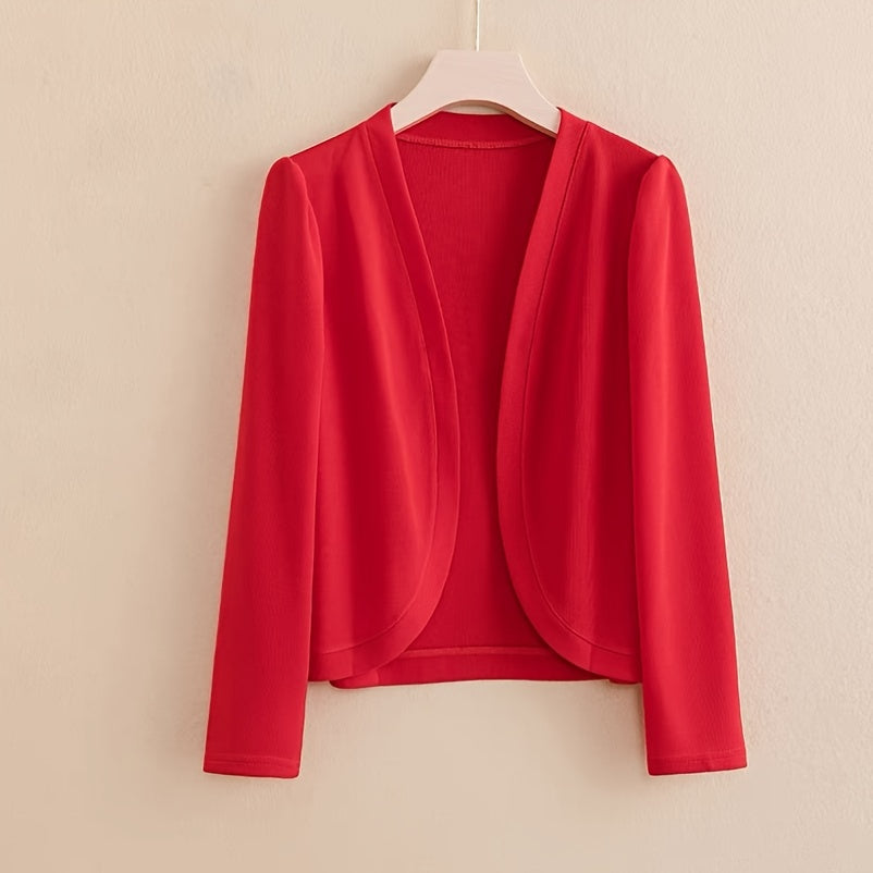 Women's Solid Color Knit Cardigan - Elegant Long Sleeve Open Front Shawl Wrap - Polyester Knitted Breathable Windproof Sun-Proof Outerwear for Mature Style