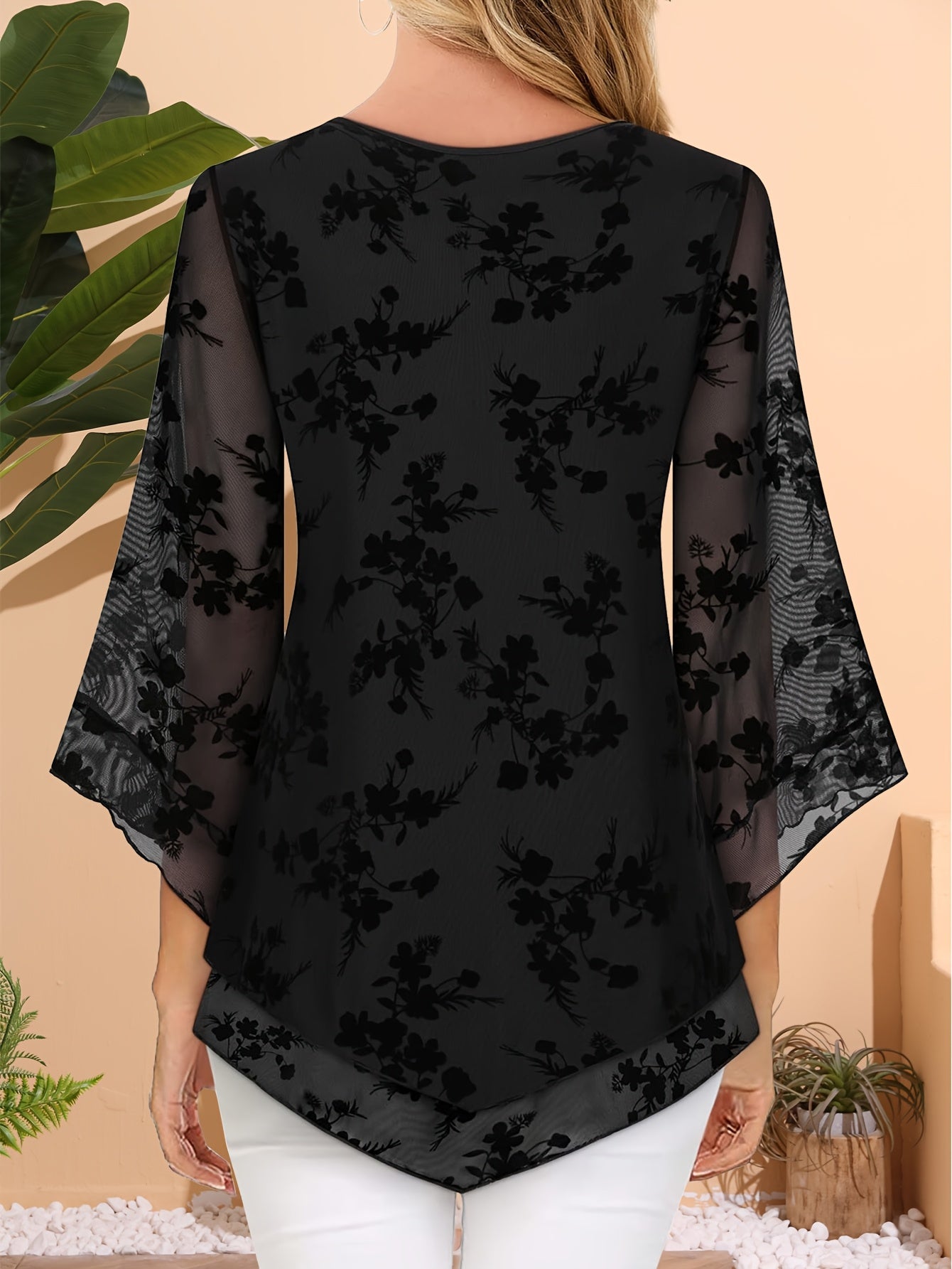 Women's Floral Print V-Neck Blouse with 3\u002F4 Flared Sleeves - Double-Layer Elastic Mesh, Loose Fit Flowy Tunic Top for Casual & Work, Spring\u002FSummer Semi-Sheer Shirt, Ladies Blouses