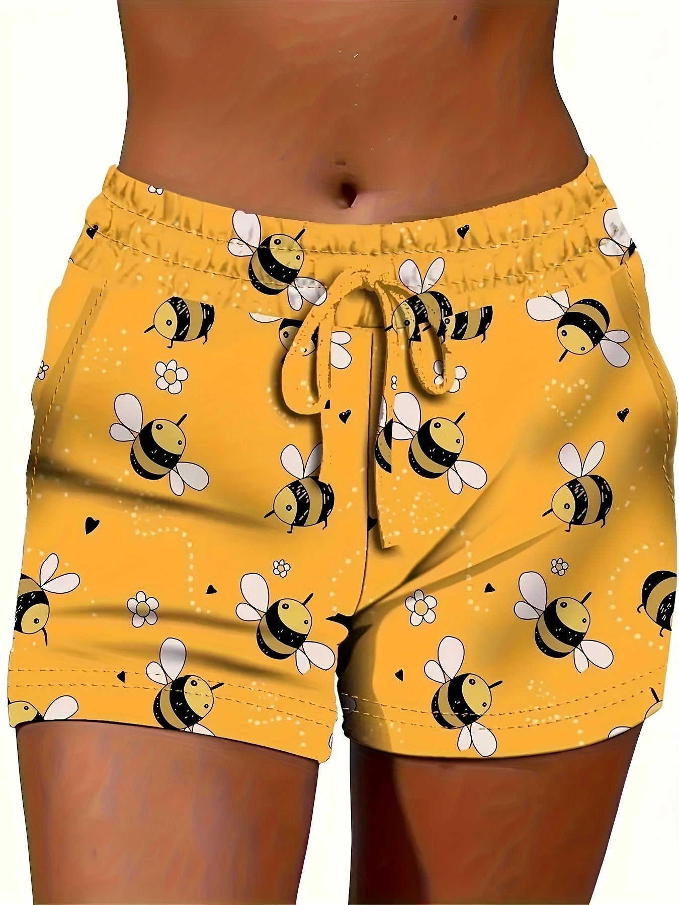 Women's Summer Bee Print Drawstring Shorts - Yellow with Black & White Bee Design, Elastic Waistband, Casual Sporty Style, Polyester\u002FSpandex Blend, Machine Washable