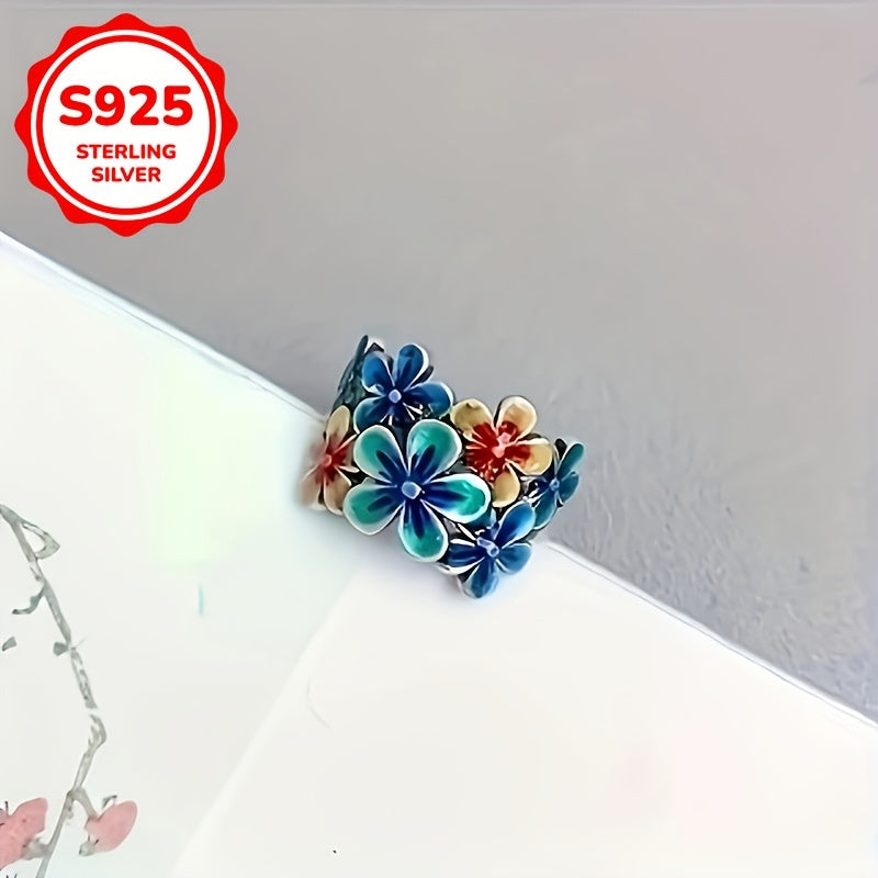 Bohemian Style 925 Sterling Silvery Floral Ring, Suitable for Women, Vintage Ethnic Handmade Jewelry, Suitable for Daily Wear, Four Seasons Applicable