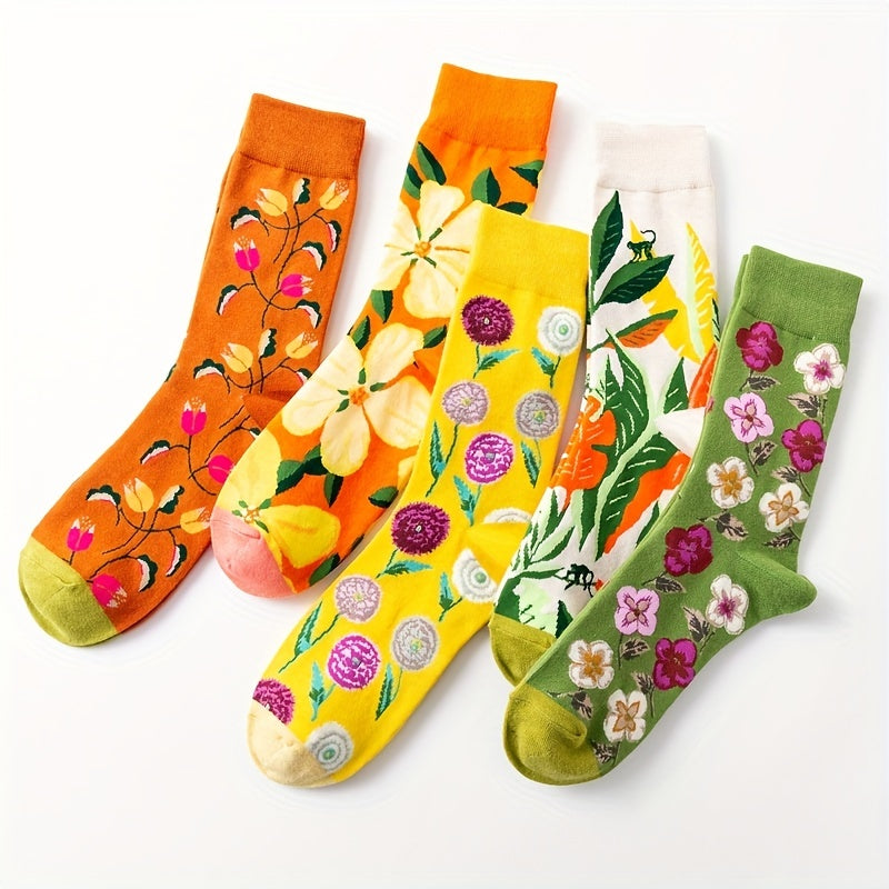 5 Pairs Socks Cartoon Art Flower Plant Kawaii Funny Casual Sock Hosiery Streetwear Harajuku Crew Sox