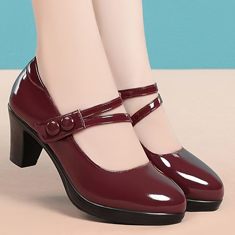 Women's Red Synthetic Cover Pumps - Round Toe, Chunky Heel, Double Buckle Straps, Glossy Finish, All-Season Fashion Dress Shoes