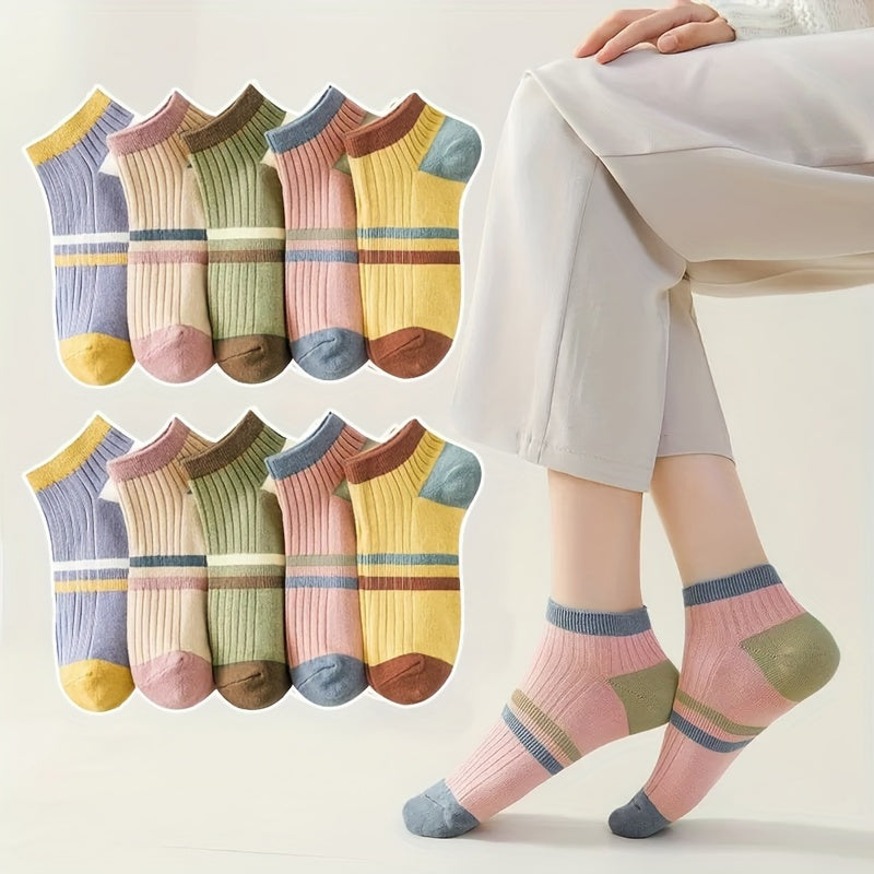 10-Pair Women's Colorful Ankle Socks, Breathable & Sweat-Absorbent, Trendy Striped Design, Casual Short Socks, Stylish & Versatile For Outdoor Wear