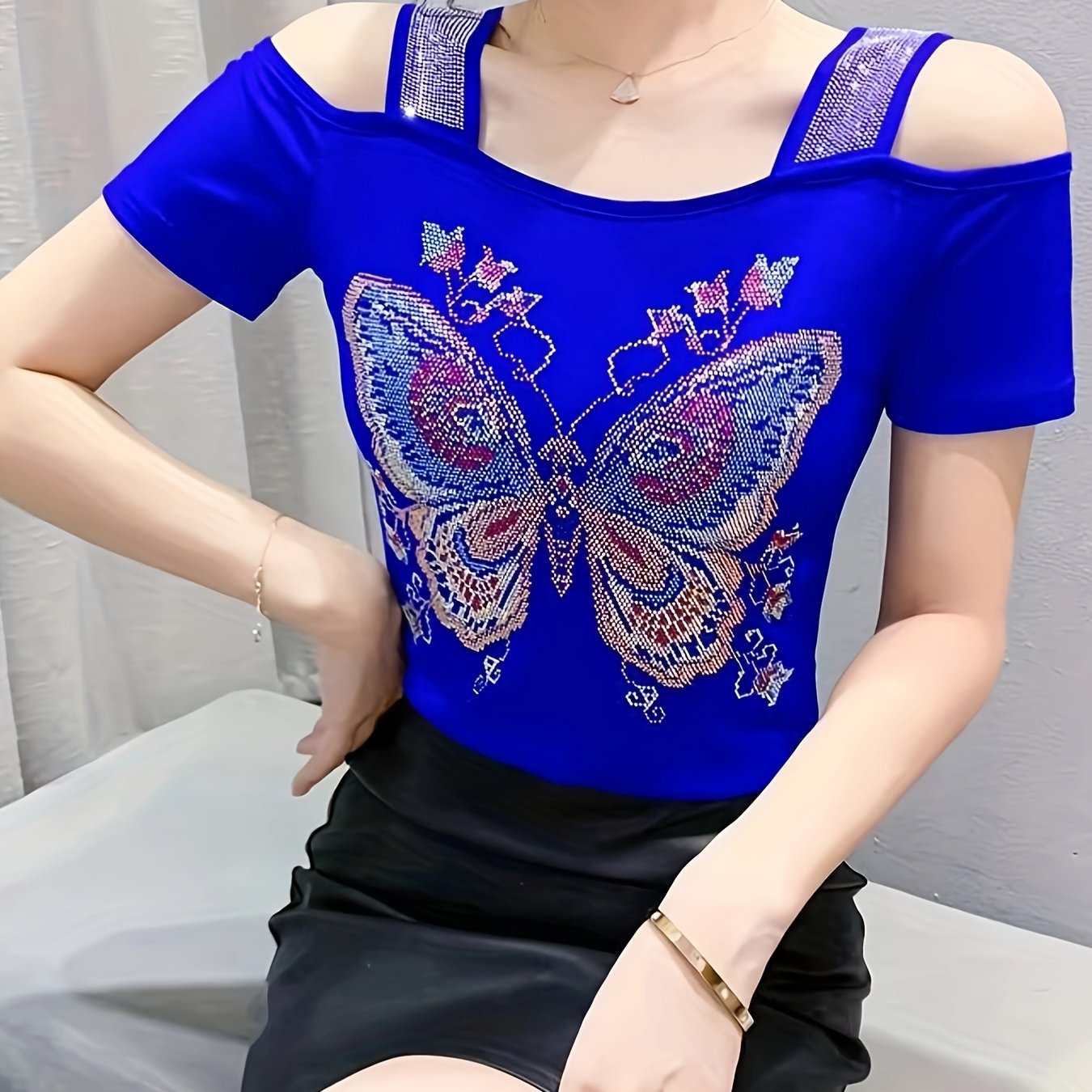 Elegant Off-Shoulder Butterfly Rhinestone Top - High Stretch Mesh, Short Sleeve, Double Layer Design, Vibrant Floral & Butterfly Pattern, Women's Fashion for Summer