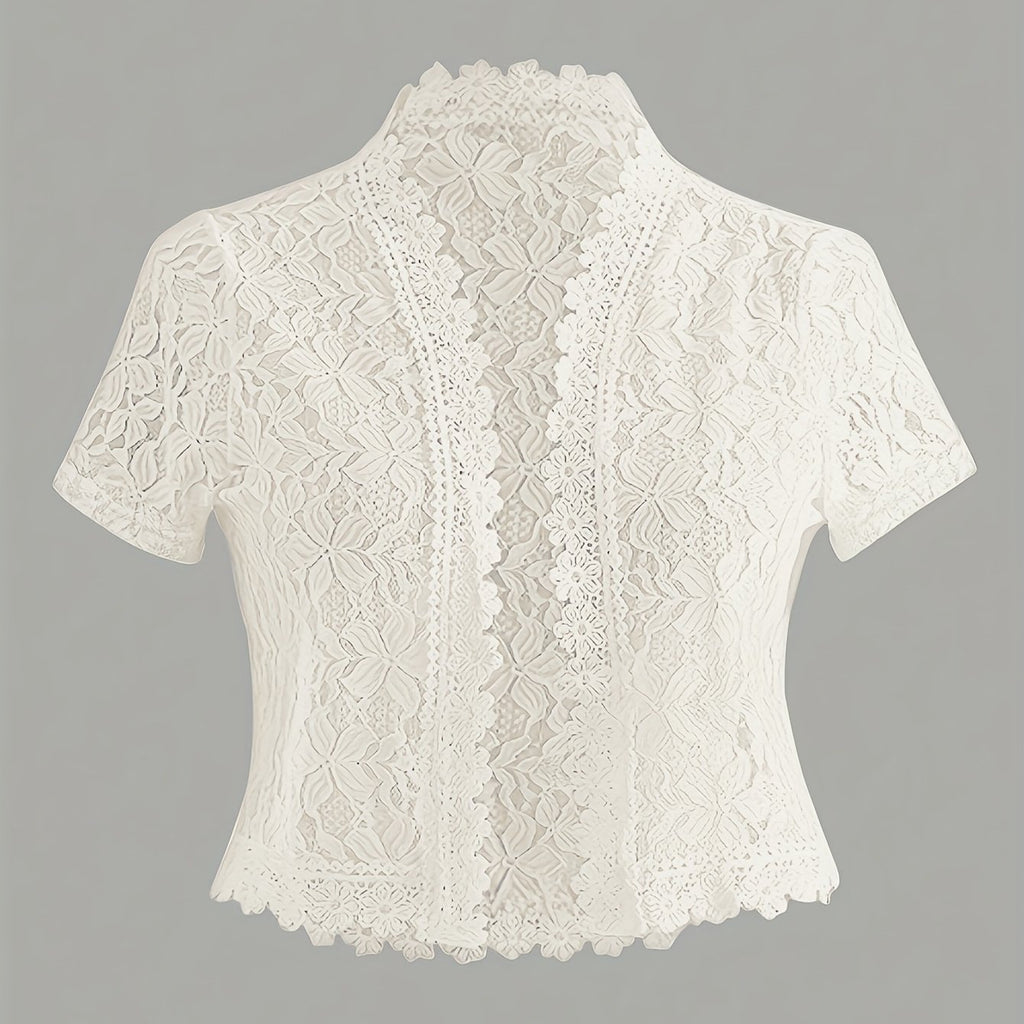 Elegant White Lace Contrast Cardigan - Short Sleeve, Stand Collar, Open Front Jacket for Women | Perfect for Spring\u002FSummer Parties & Casual Wear, Party Wear Cardigan | Lace Detailing | Constructio