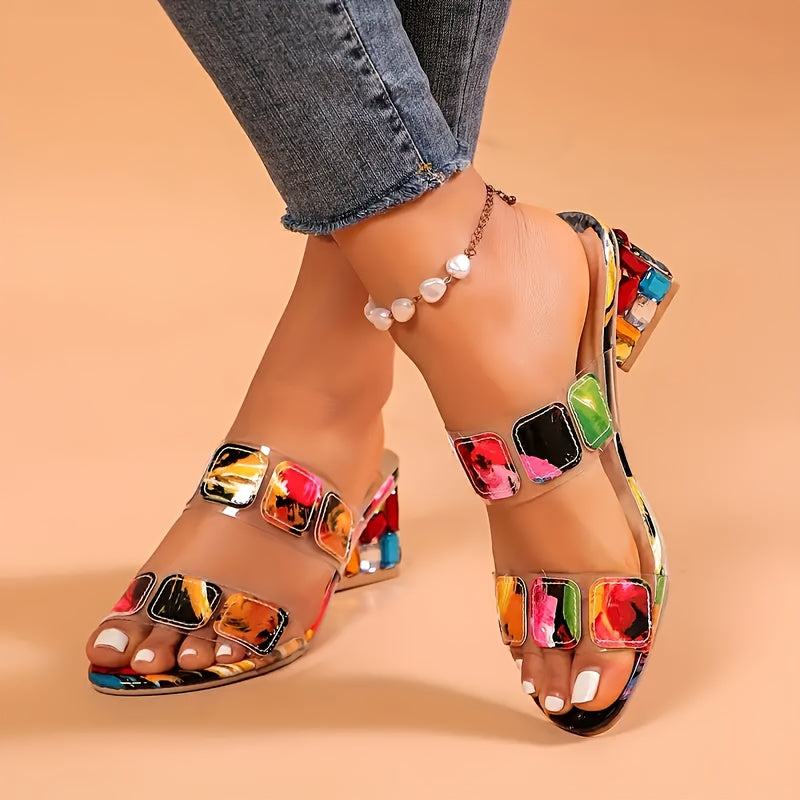 Colorful Floral Pattern Slip-On High Heel Sandals for Women - Open Toe, Thick Platform Sole, Synthetic Cover, Comfortable & Stylish Casual Summer Shoes, Chunky Heel Sandals