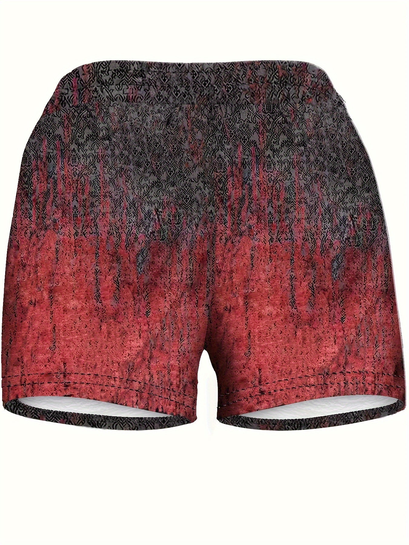 Women's Casual Printed Drawstring Shorts - Stretchy Elastic Waist, Gradient Red and Black, Polyester Blend, Summer Fashion
