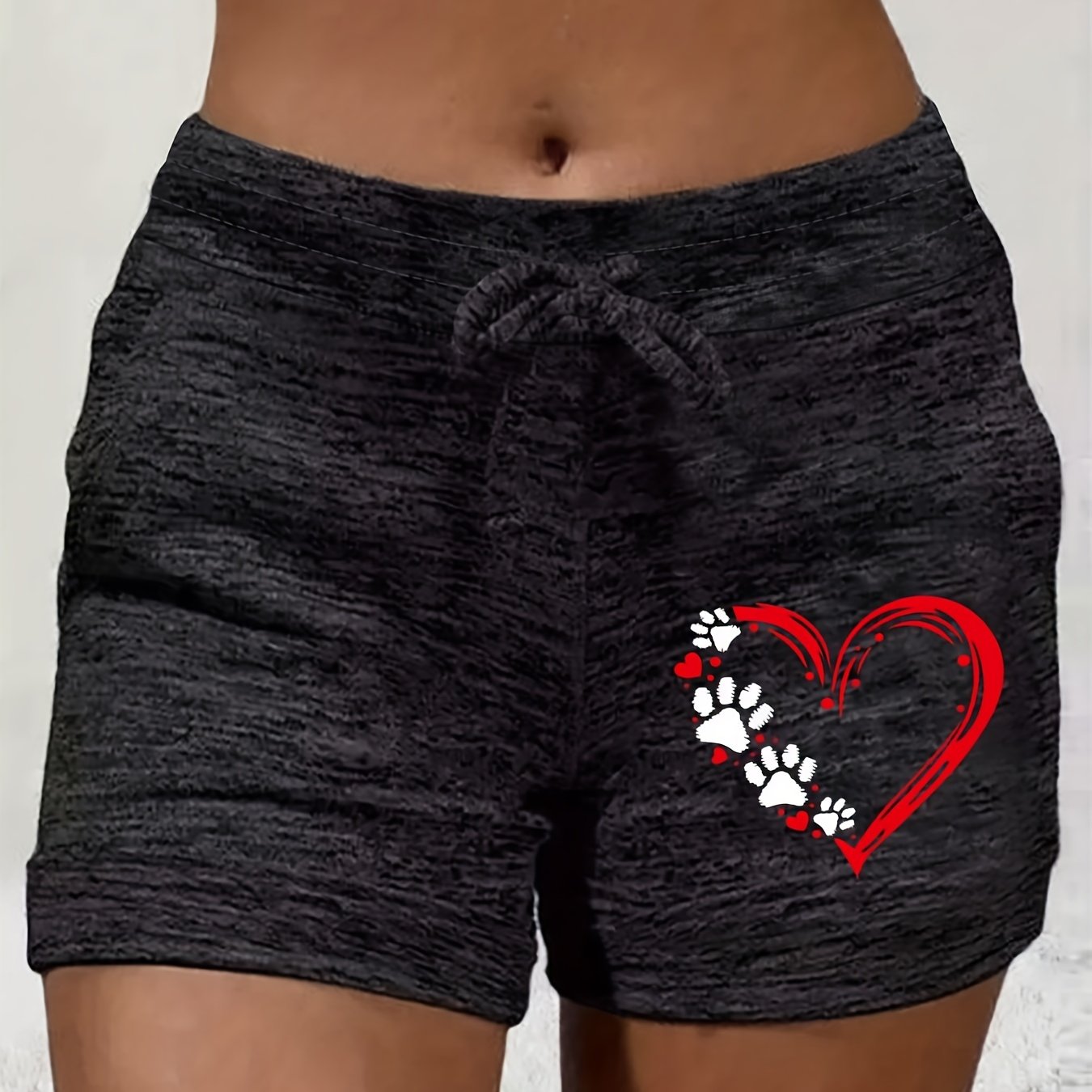 Heart Print Drawstring Shorts, Sports Casual Summer Shorts, Women's Clothing