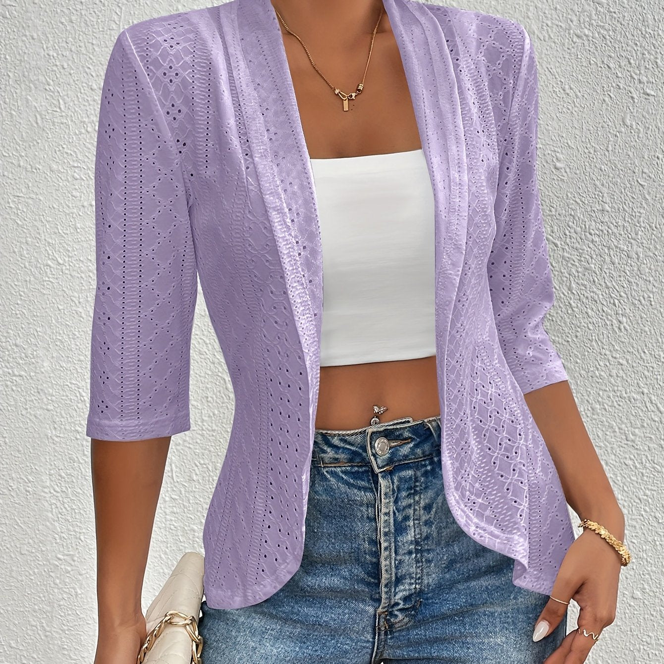 Women's Elegant Open-Front Cardigan - Solid White, Half Sleeve, Eyelet Embroidery, Lightweight Knit, Spring\u002FFall Fashion Jacket, Lightweight Cardigan
