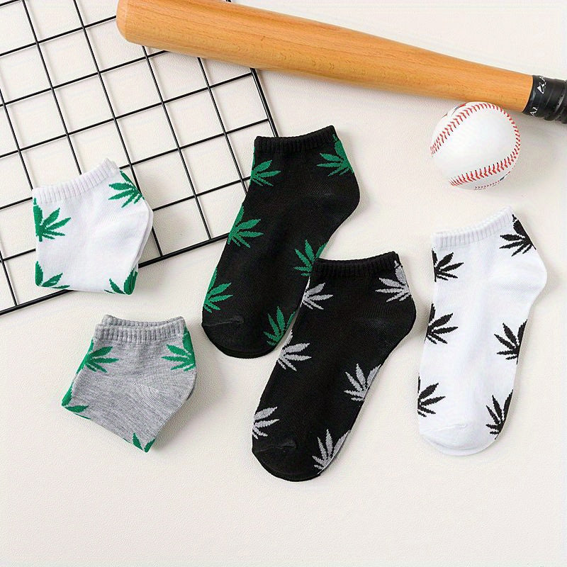 10 Pairs Women's Leaf Print Ankle Socks - Soft & Lightweight Sports Socks with Leaf Design, Breathable Short Socks for Casual Wear, Black\u002FWhite\u002FGrey with Green Accents