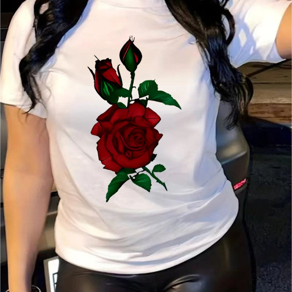 Rose Print Women's Casual Comfortable Crew Neck T-Shirt with Double Shoulder Seams