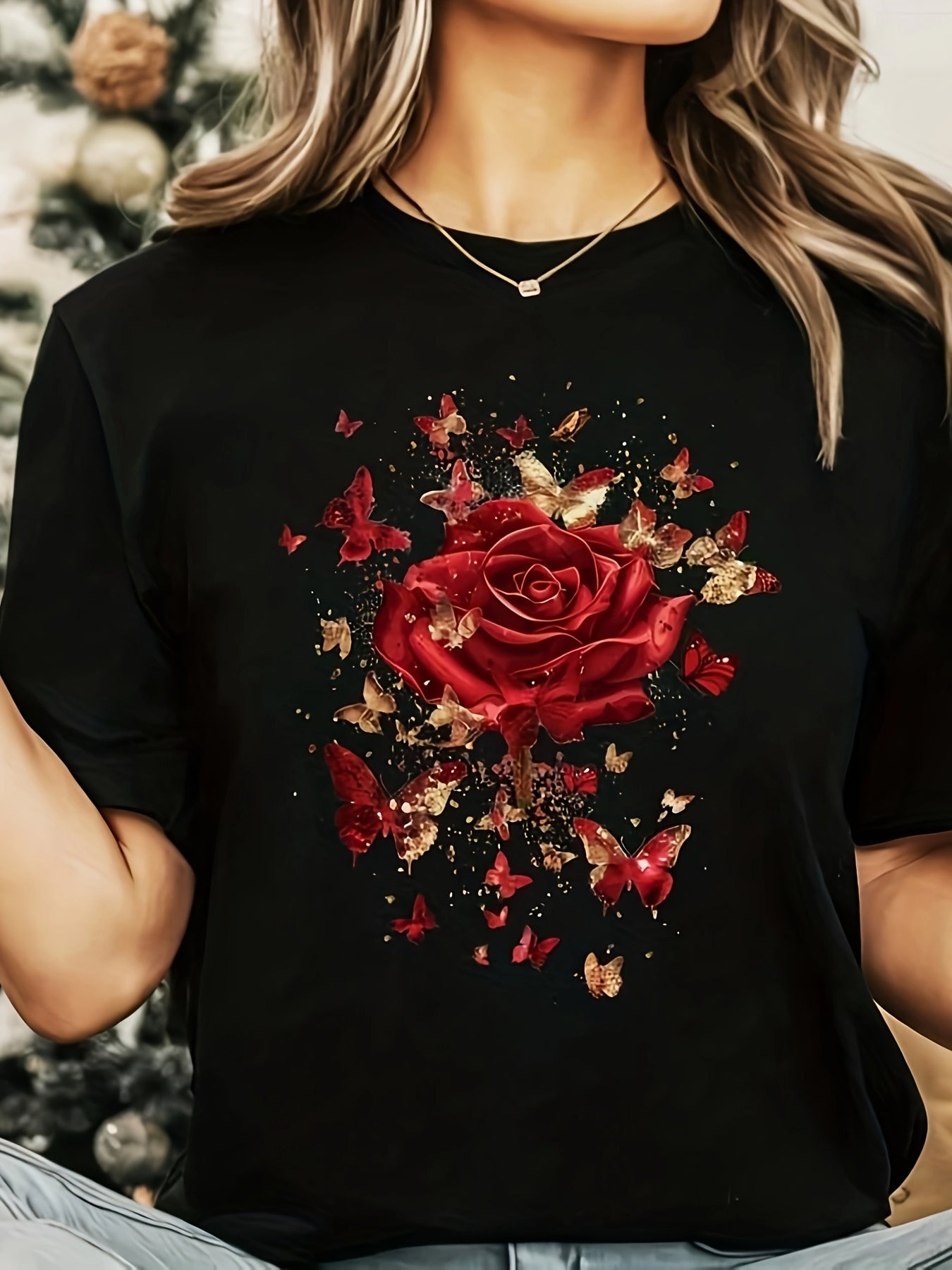 1pc Mother'S Day Rose Graphic T-Shirt - Black Polyester Knit, Vibrant Red Rose with Butterflies Design, Perfect for Spring & Summer, Casual All-Season Top, Machine Washable, Casual Wear | Floral Print Shirt | Polyester Fabric