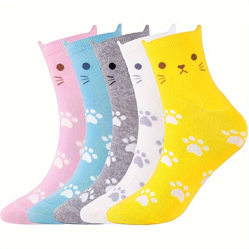 5 Pairs of Cute Cartoon Cat Print Knit Crew Socks for - Soft, Breathable, Thick, Machine Washable, Polyester Blend, Spring\u002FFall Essentials, Breathable Socks | Playful Design | Knit Texture