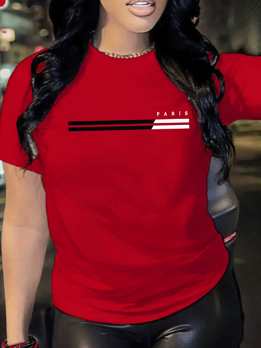 1pc Paris Graphic Print Women'S Casual Summer T-Shirt - Red, Short Sleeve, Round Neck, Polyester Blend, Comfort Fit, Casual Wear | Graphic Tee | Comfortable Fit