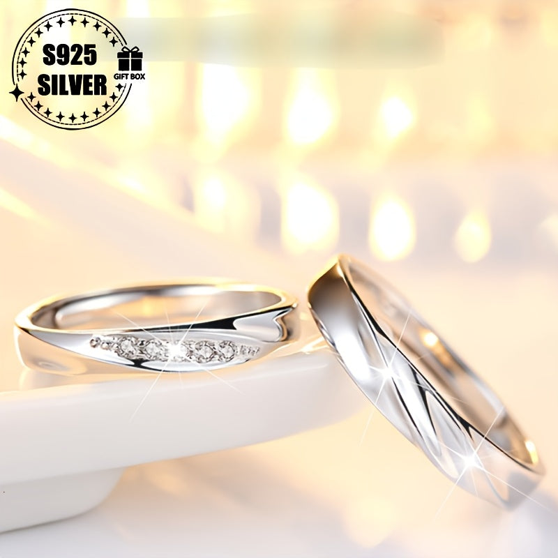 Adjustable 925 Sterling Silver Couple Ring - Hypoallergenic, Classic Luxury Elegant Jewelry Gift for Men and Women, Fashion Accessory, Suitable for Daily Wear, Light Wave, Holiday Gift