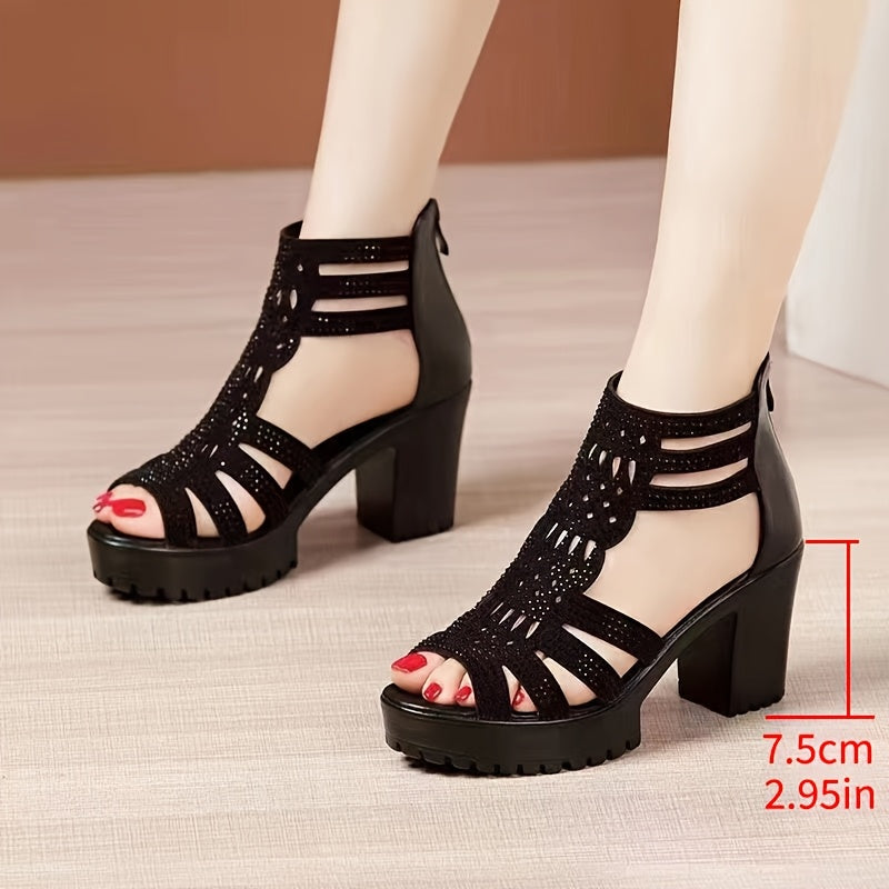 Women'S Stylish Black Strappy Sandals with Chunky Heels - Perfect for Summer, Casual & Formal Wear, Zip Closure, Rubber Sole, Synthetic Insole, Fabric Upper, Fashionable Footwear | Strappy Sandals | Comfortable Footwear