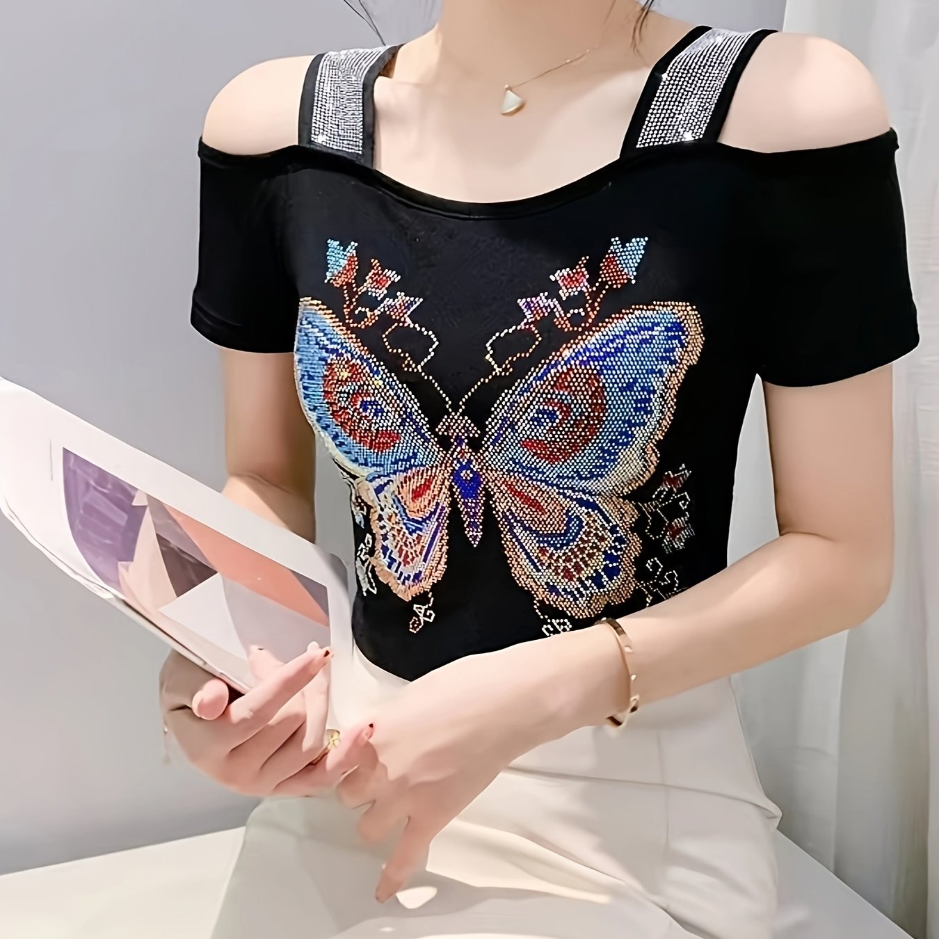 Elegant Off-Shoulder Butterfly Rhinestone Top - High Stretch Mesh, Short Sleeve, Double Layer Design, Vibrant Floral & Butterfly Pattern, Women's Fashion for Summer