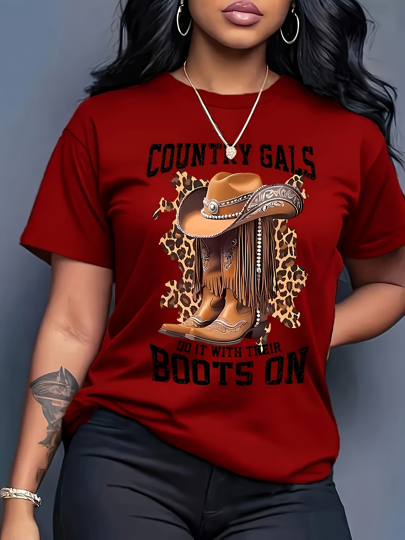 Women's Casual Short Sleeve T-Shirt - Western Cowboy Hat & Leopard Print Design with \