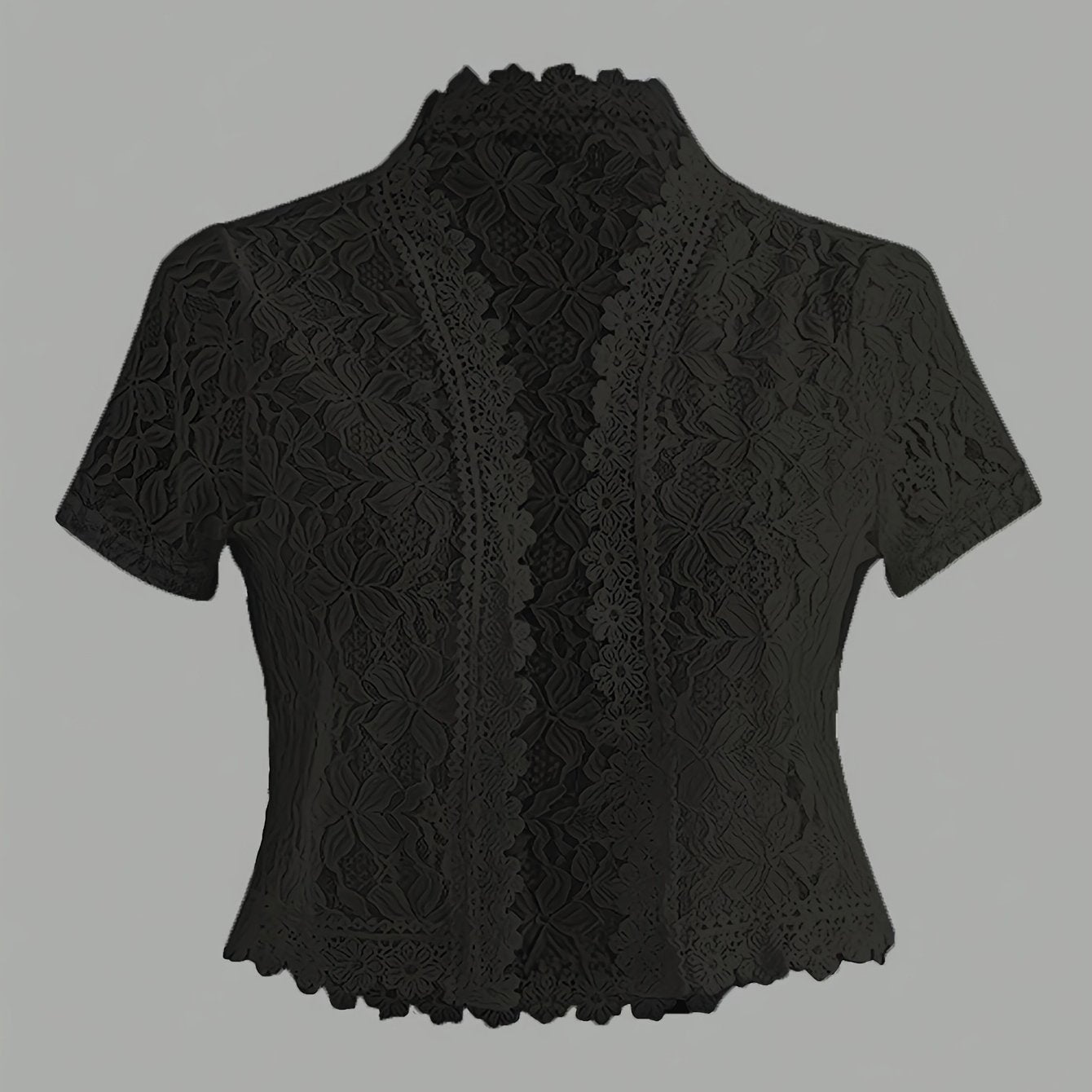 Elegant White Lace Contrast Cardigan - Short Sleeve, Stand Collar, Open Front Jacket for Women | Perfect for Spring\u002FSummer Parties & Casual Wear, Party Wear Cardigan | Lace Detailing | Constructio