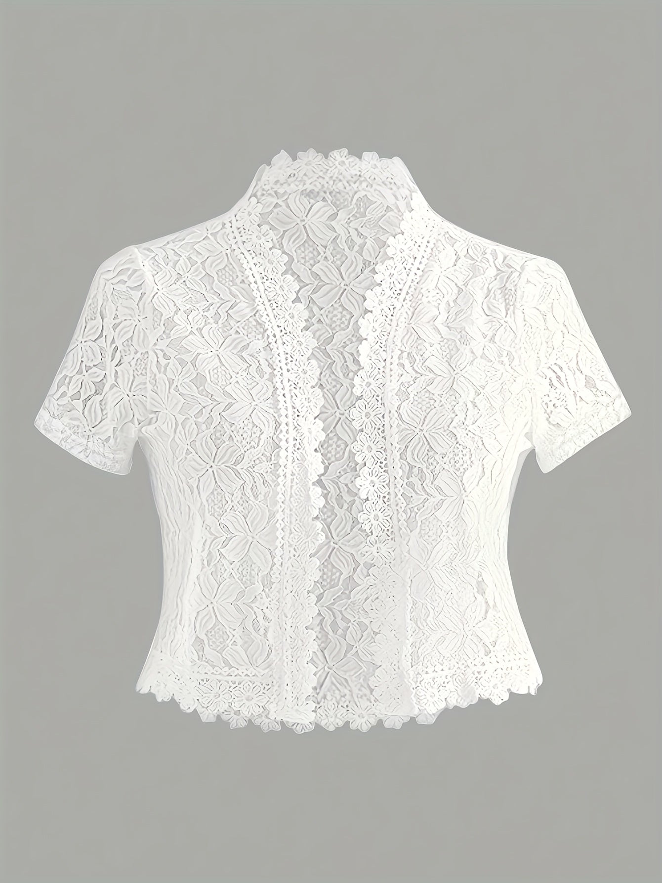 Elegant White Lace Contrast Cardigan - Short Sleeve, Stand Collar, Open Front Jacket for Women | Perfect for Spring\u002FSummer Parties & Casual Wear, Party Wear Cardigan | Lace Detailing | Constructio