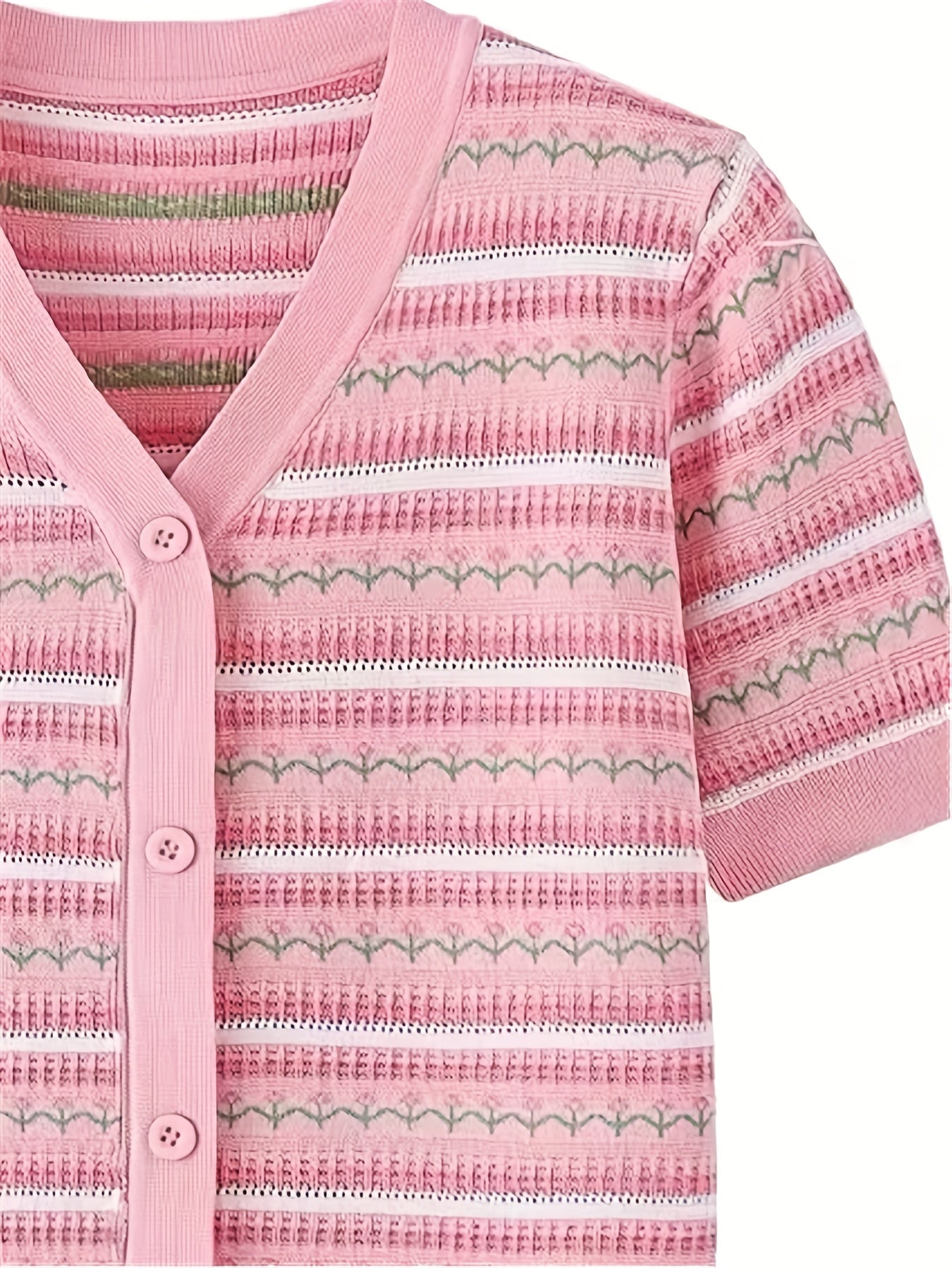 Women'S Pink & White Striped V-Neck Knit Cardigan with Decorative Buttons, Short Sleeve, Asymmetrical Hem, Casual Summer Crochet Top for Spring\u002FSummer, Cute Knit Cardiga