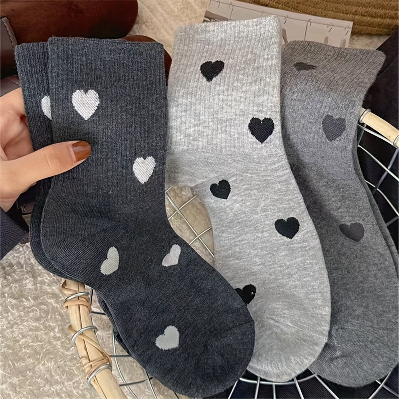 5 Pairs Heart Print Crew Socks 5 Pairs Women'S Heart Print Crew Socks, Comfortable Mid-Calf Length, Polyester Knit Fabric with 5% Elastane, Geometric Pattern, with Hand Wash, for Fall\u002FWinter