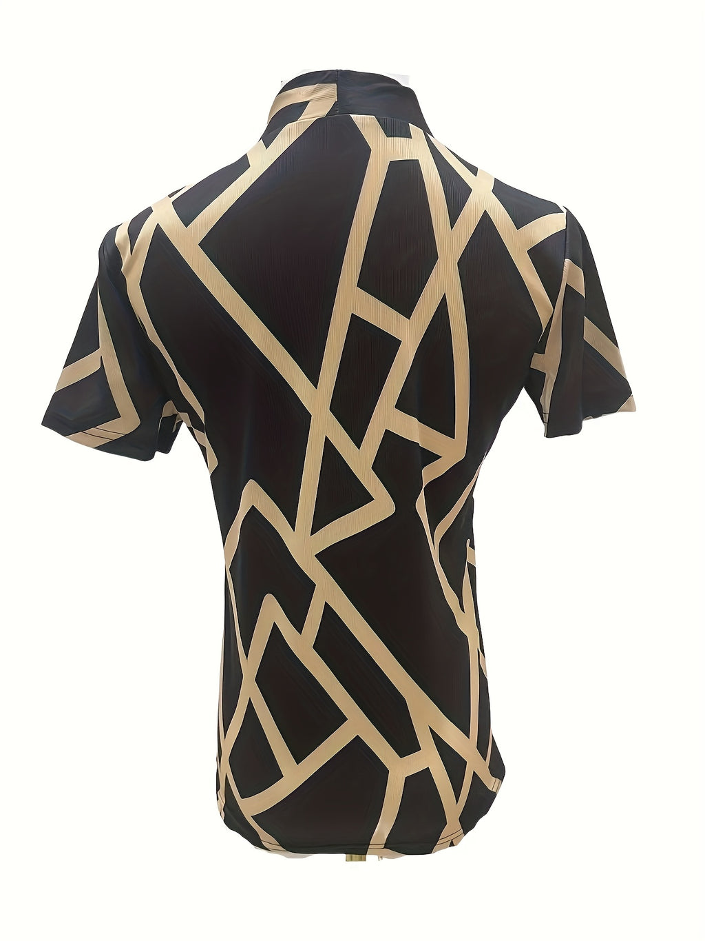 Women's V-Neck Short Sleeve T-Shirt - Slim Fit High Elasticity Ice Silky Polyester-Spandex Blend, Geometric Print Black & Golden Summer Top for Casual & Formal Wear, Ladies T Shirts