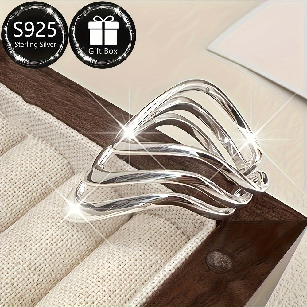 1pc Women's Fashion Wide Band Ring Hip-Hop Style Layered Adjustable Open Ring 925 Silver Total Weight Approximately 0.07 oz Comes with Exquisite Gift Box Packaging Mother's Day Preferred Gift Wedding Bridesmaid Gift Suitable for Music Festivals