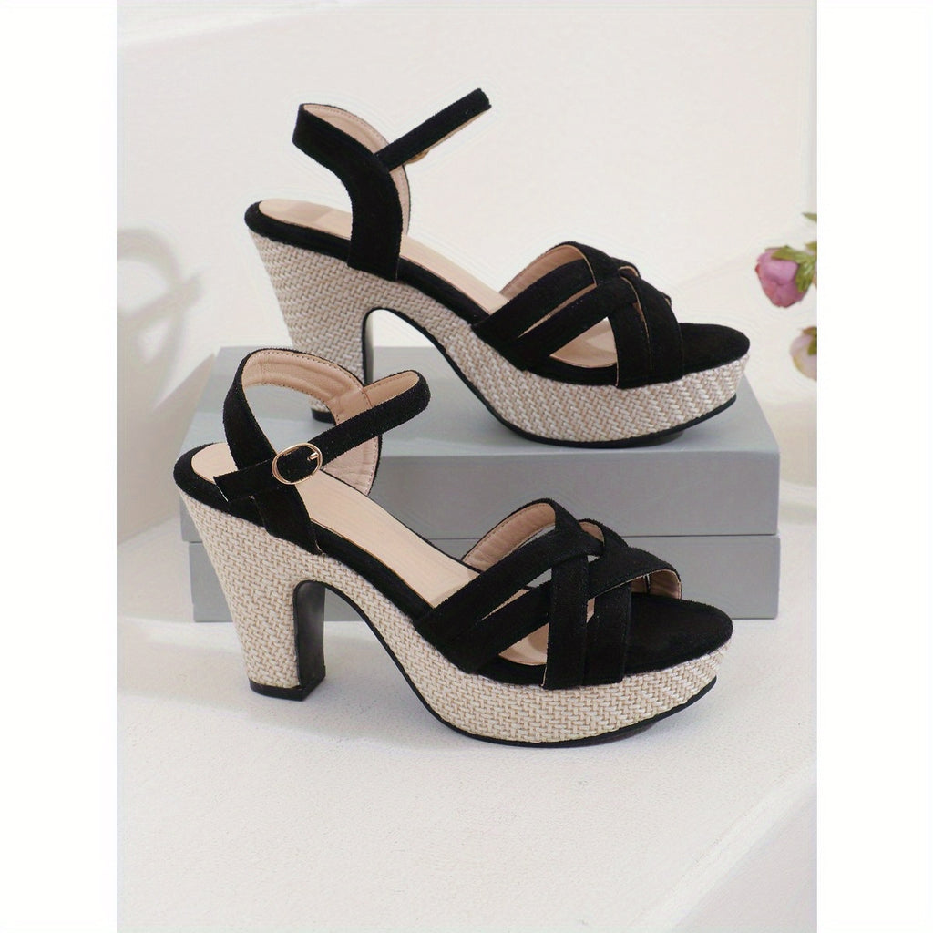 Women's Black Open-Toe Chunky Heel Sandals with Adjustable Ankle Strap & Buckle Closure - Breathable Fabric Upper, Cushioned Insole, Durable Rubber Sole for Casual & Formal Occasions, High Heel Sandals